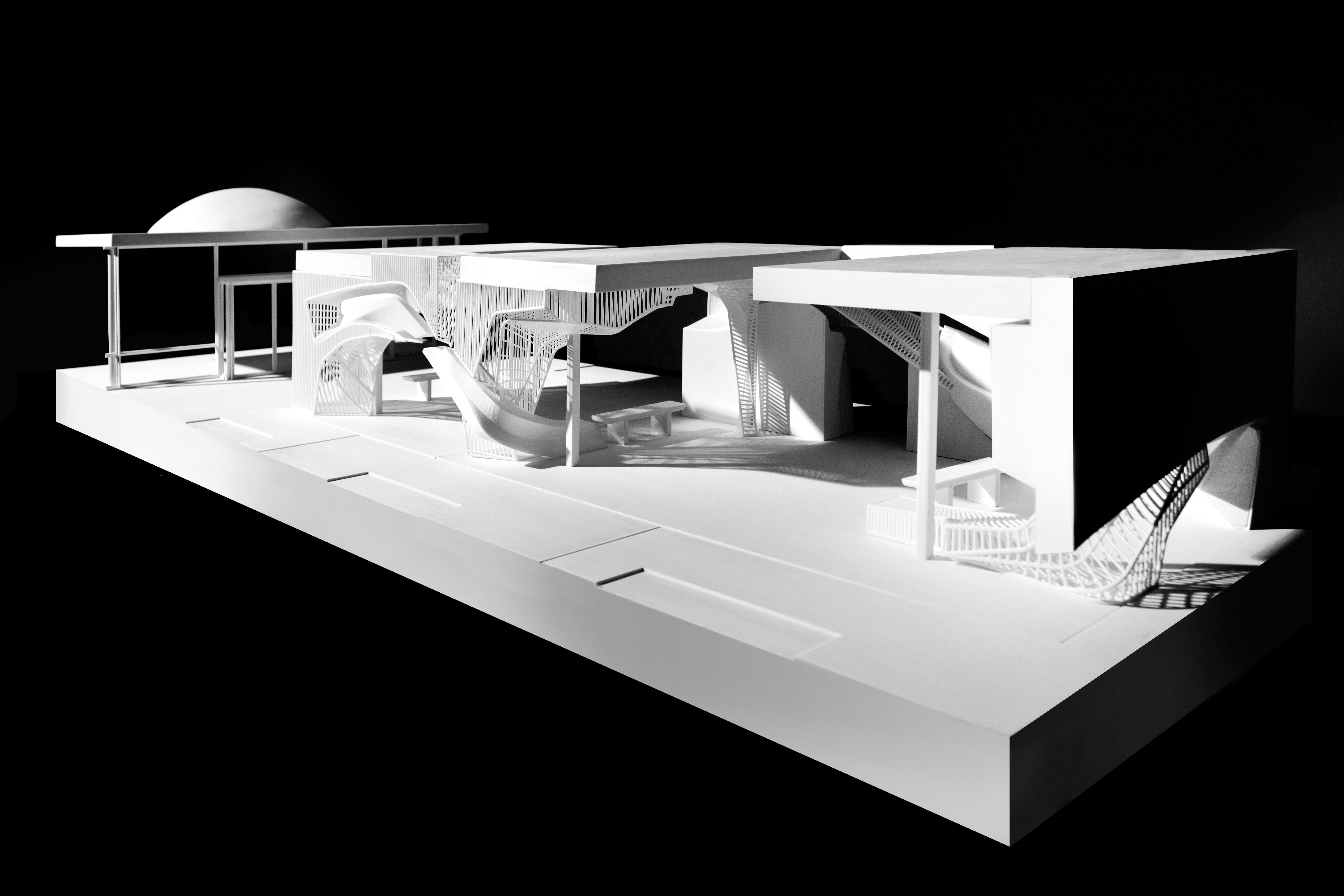 black and white model of a pavilion for a conference center