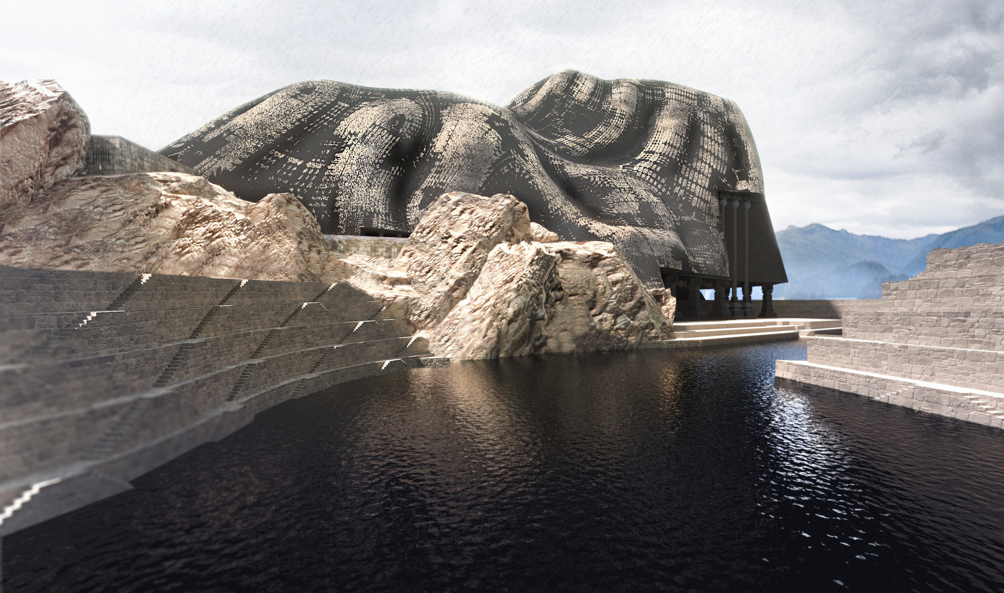 rock formations grey building river render