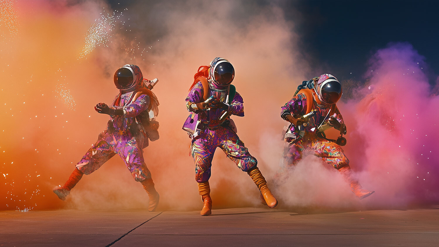 film still of three fighters