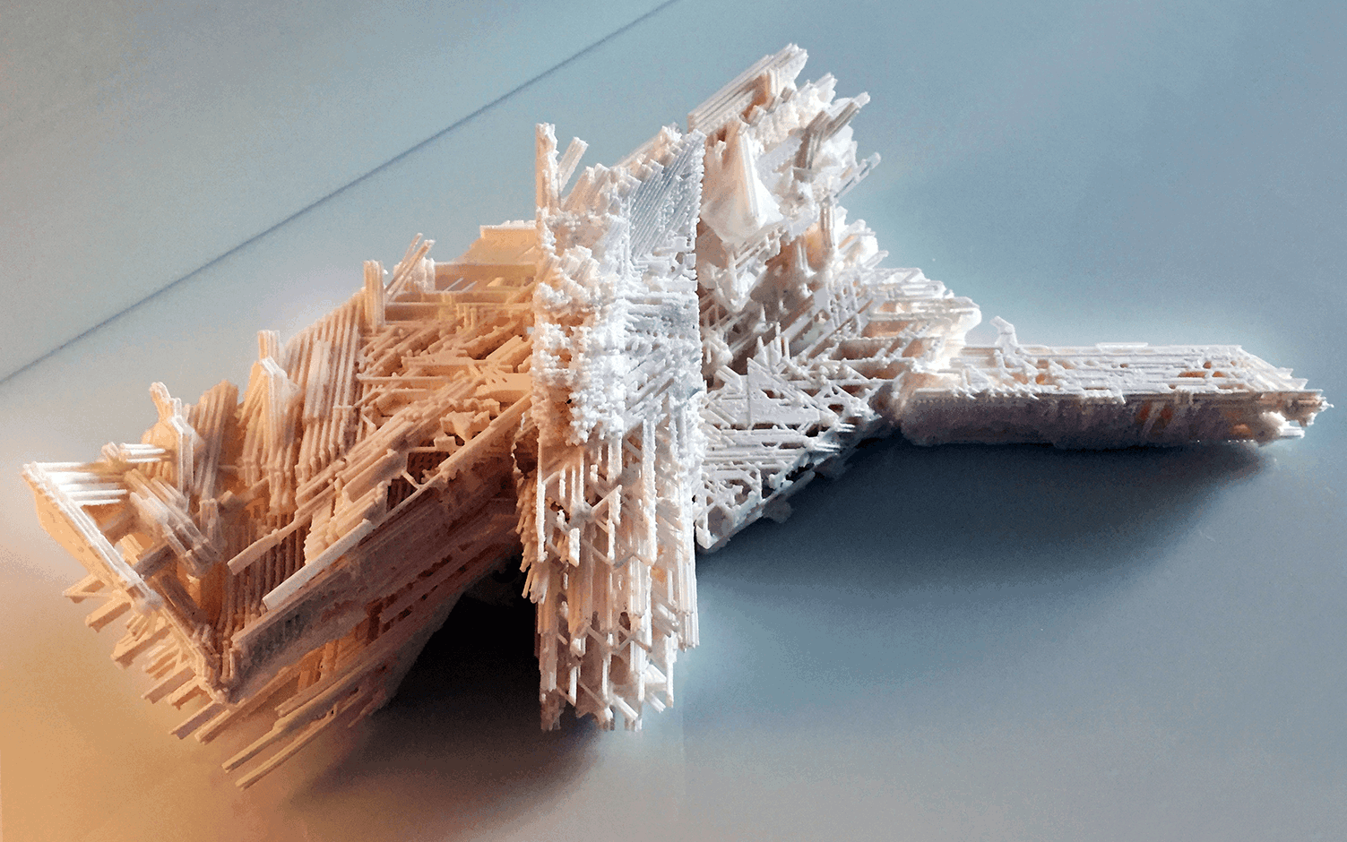 3D printed Architetcural model in orange and blue lighting