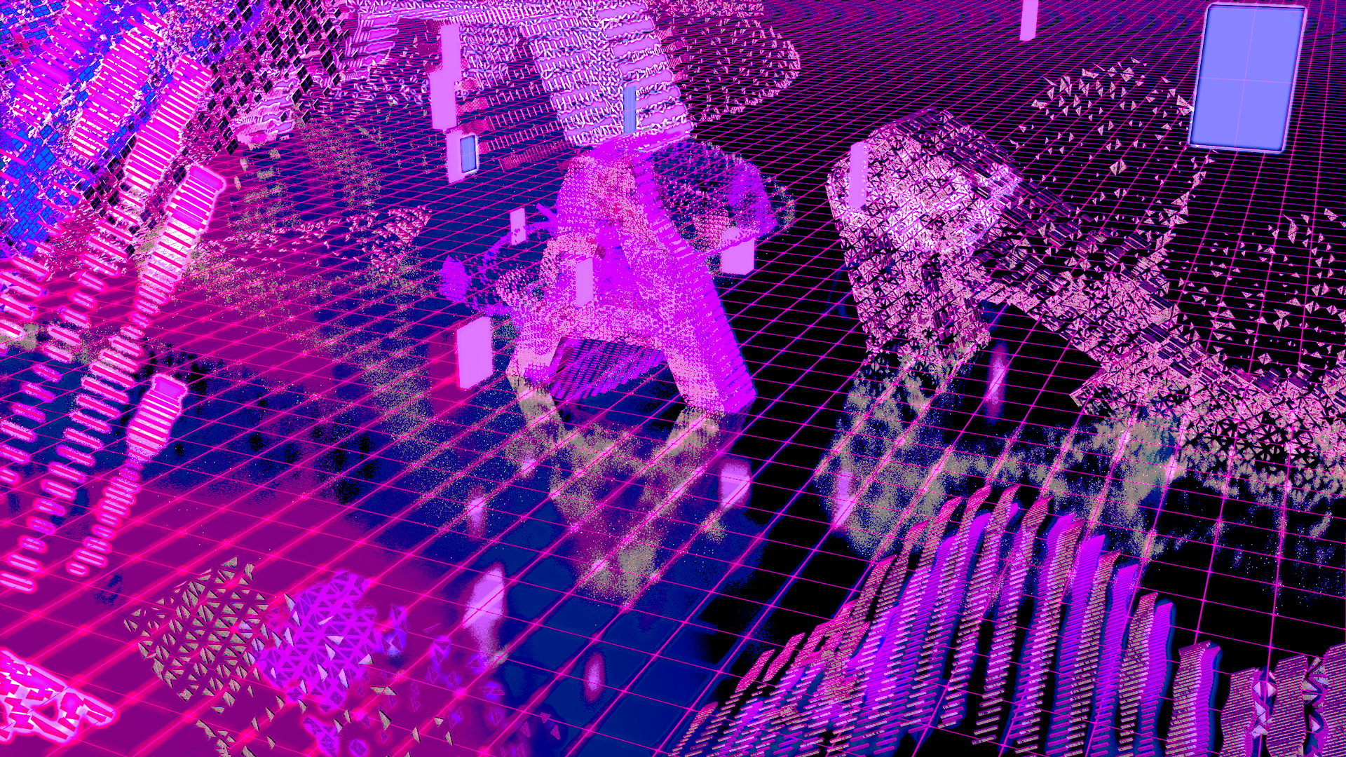 Digital image with swirling purple artifacts in space