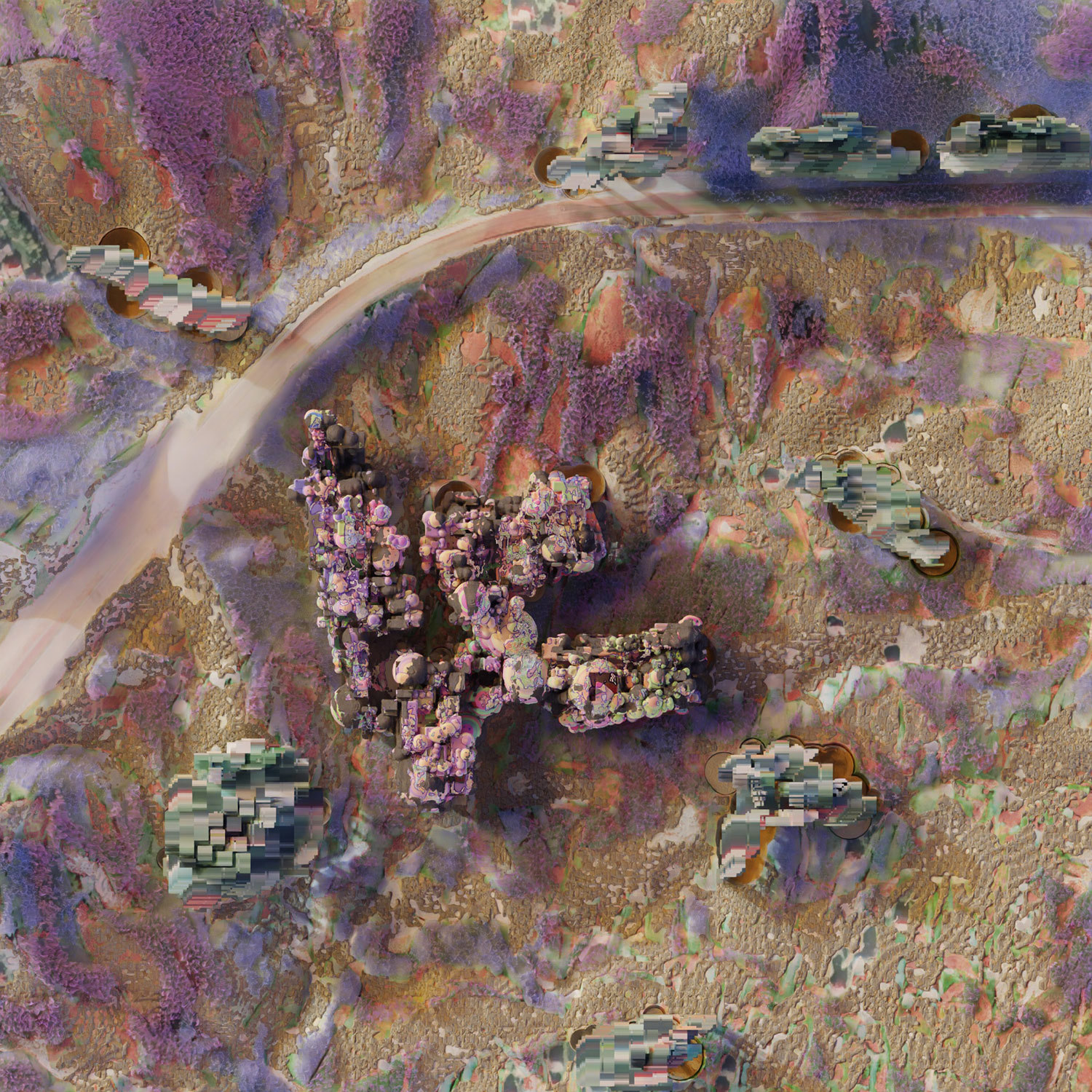 Wendy Zhang, Architectural Technologies postgraduate edge program computer rendering birds eye view of alien landscape with pastel colors buildings