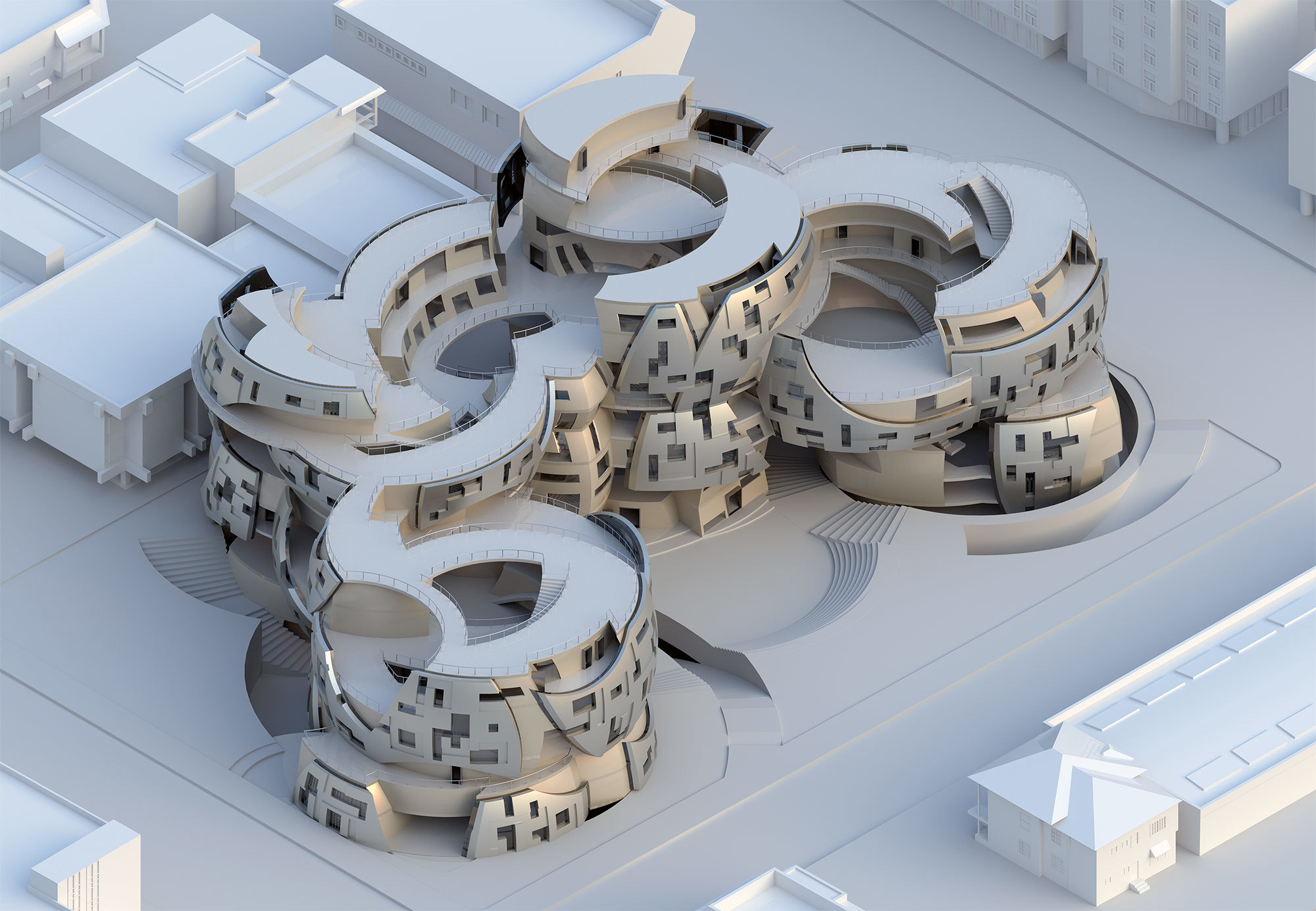 Digital rendering of chinatown housing project - builiding with circular round overlapping structure