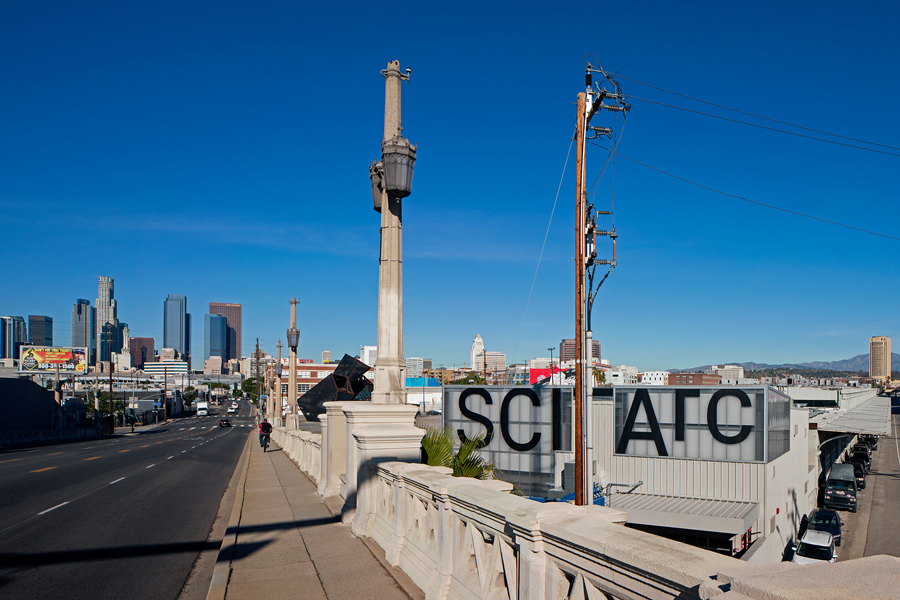 SCI-Arc Magic box with LA Downtown skyline in Background