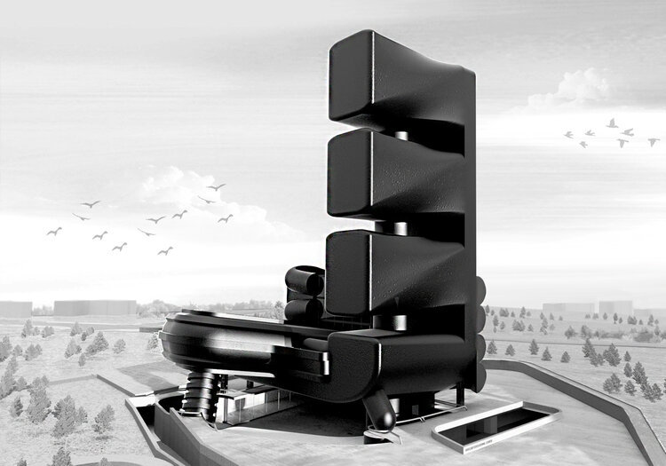 black volumetric building on grey landscape