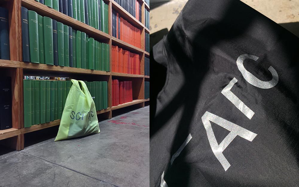 Neon SCI-Arc bag in library and a black SCI-Arc bag closeup