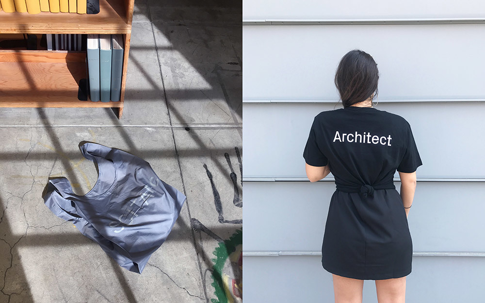 Grey SCI-Arc bag in library and a black SCI-Arc T-shirt worn by a lady