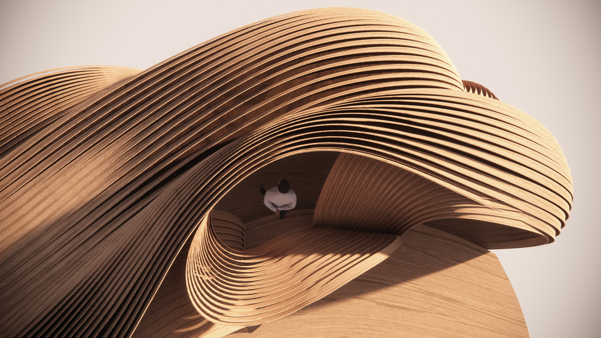 exhibition concept render wooden installation