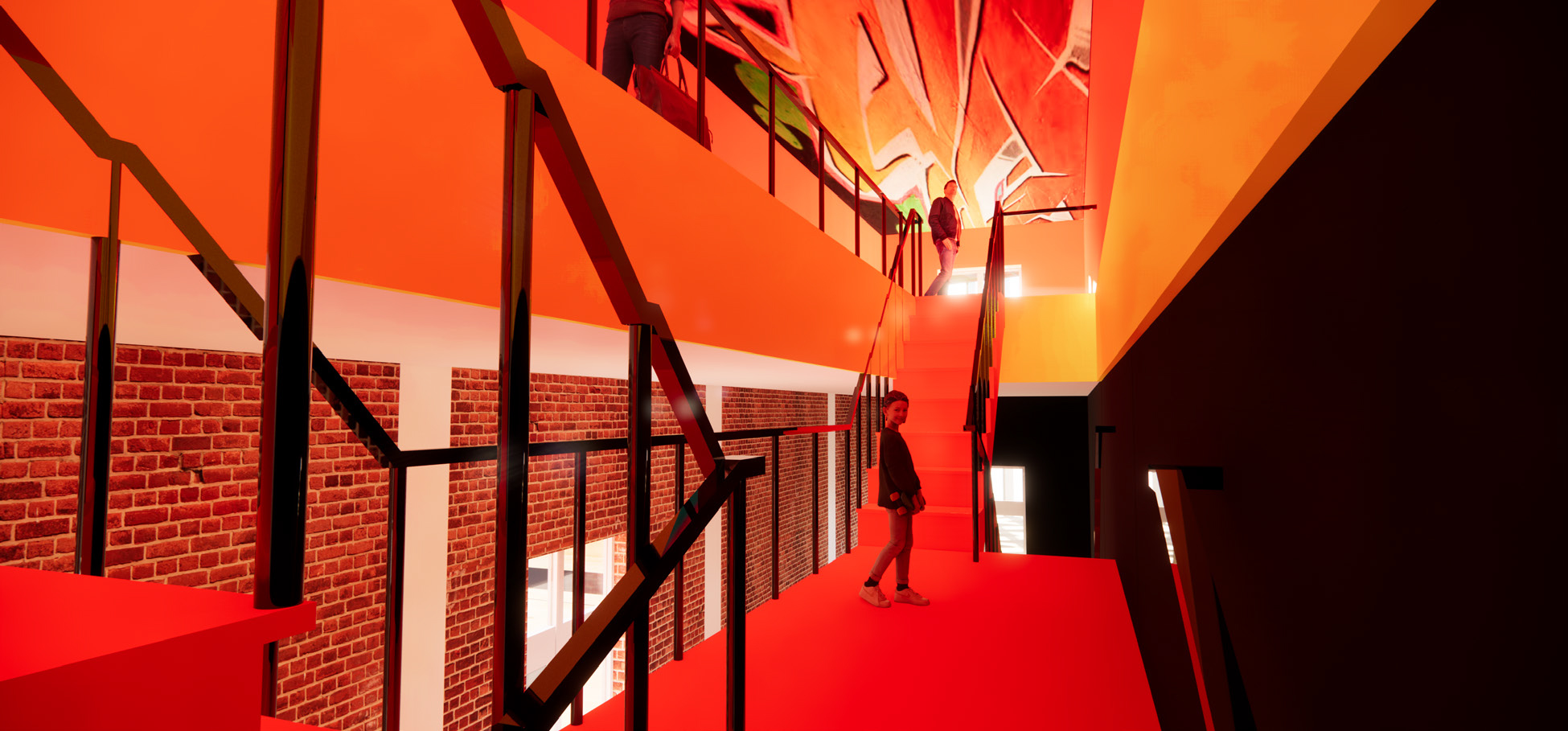 person standing in orange stairwell