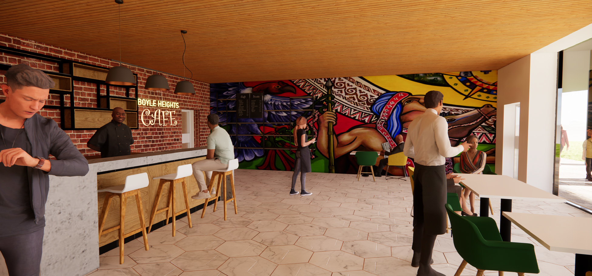 cafe lobby with customers and mural on back wall