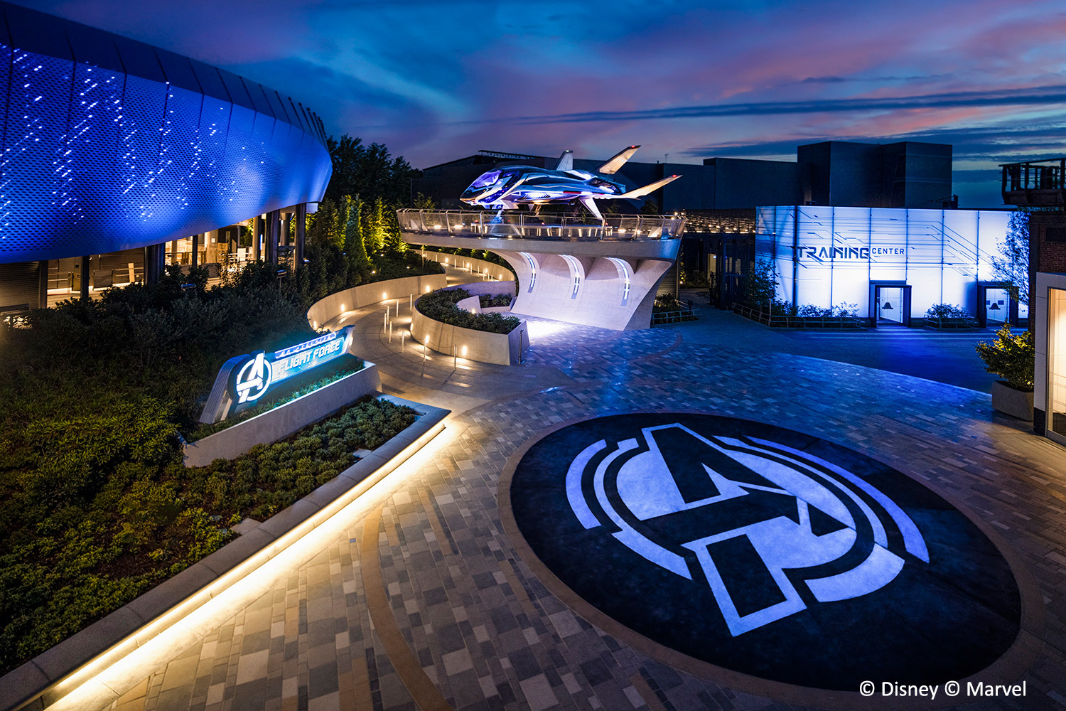 • The iconic Quinjet is the centerpiece of Avengers Campus at Walt Disney Studios Park at Disneyland Paris.
