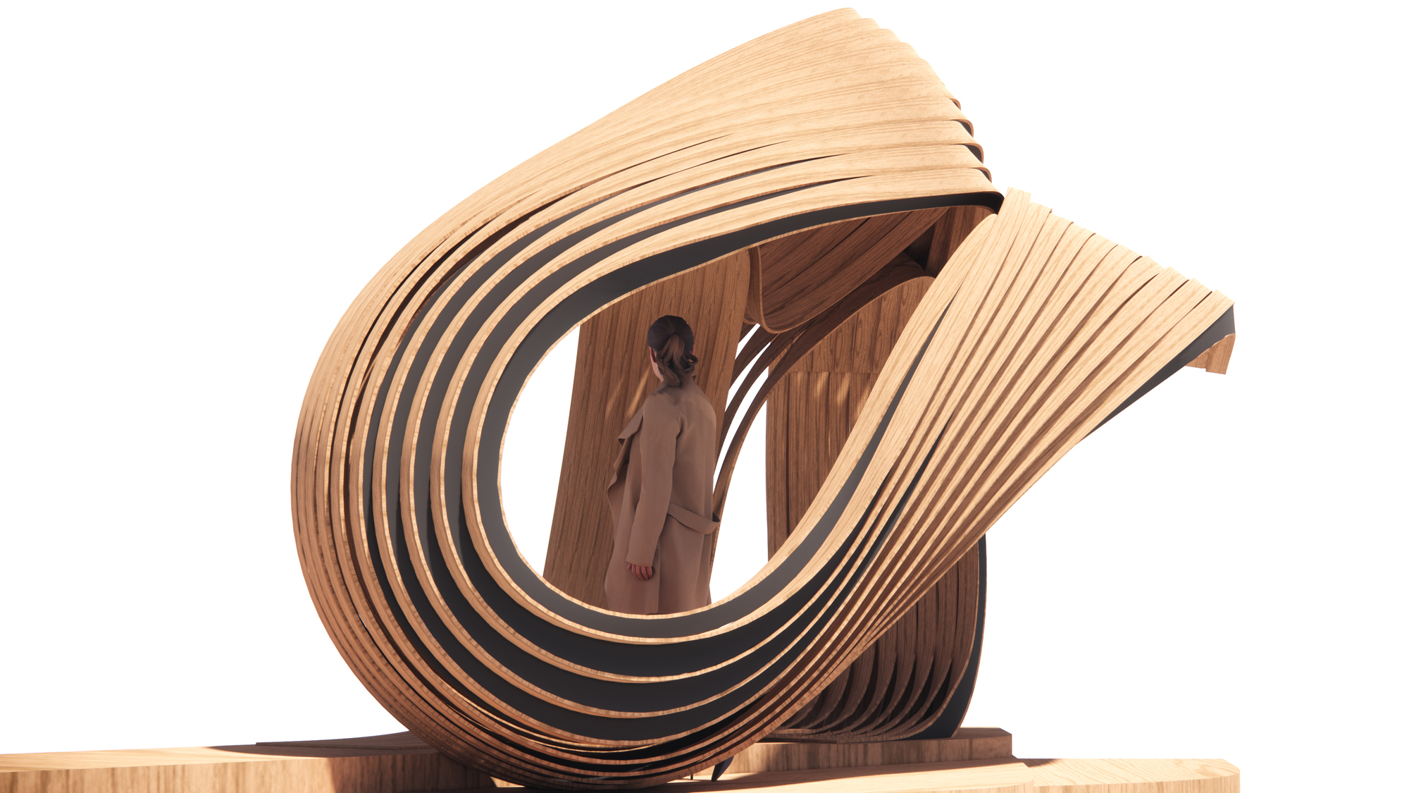 exhibition concept render wooden swirl