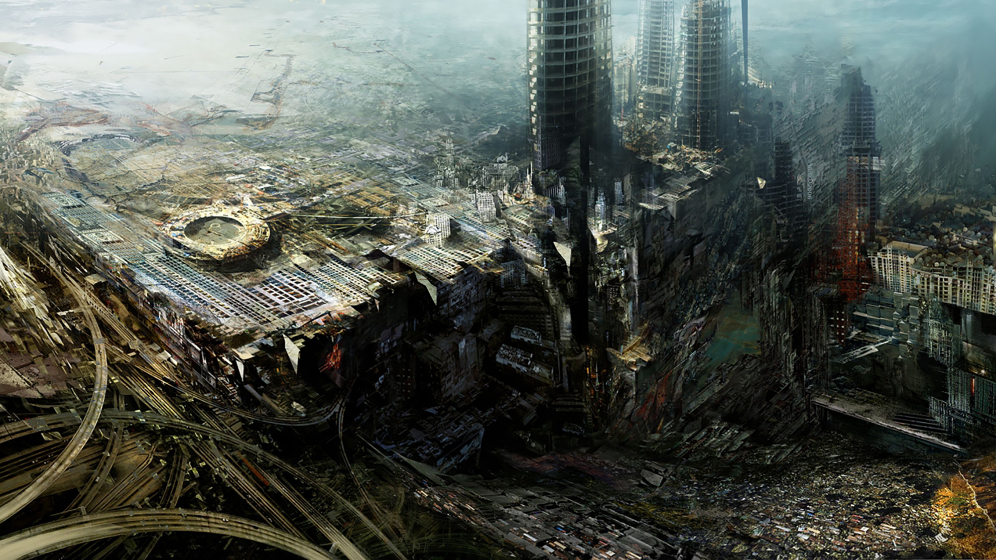 Разрушение цивилизации. Экуменополис концепт арт. Фантастические здания. Разрушенный город будущего. Фантастический город.