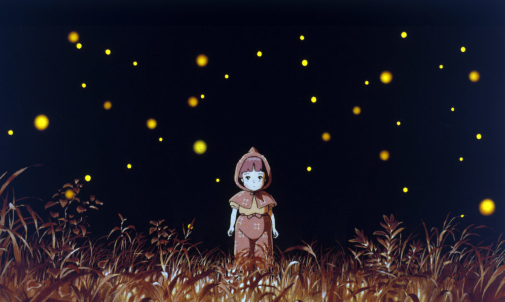 graphic of a small kid walking in a field with fireflies around