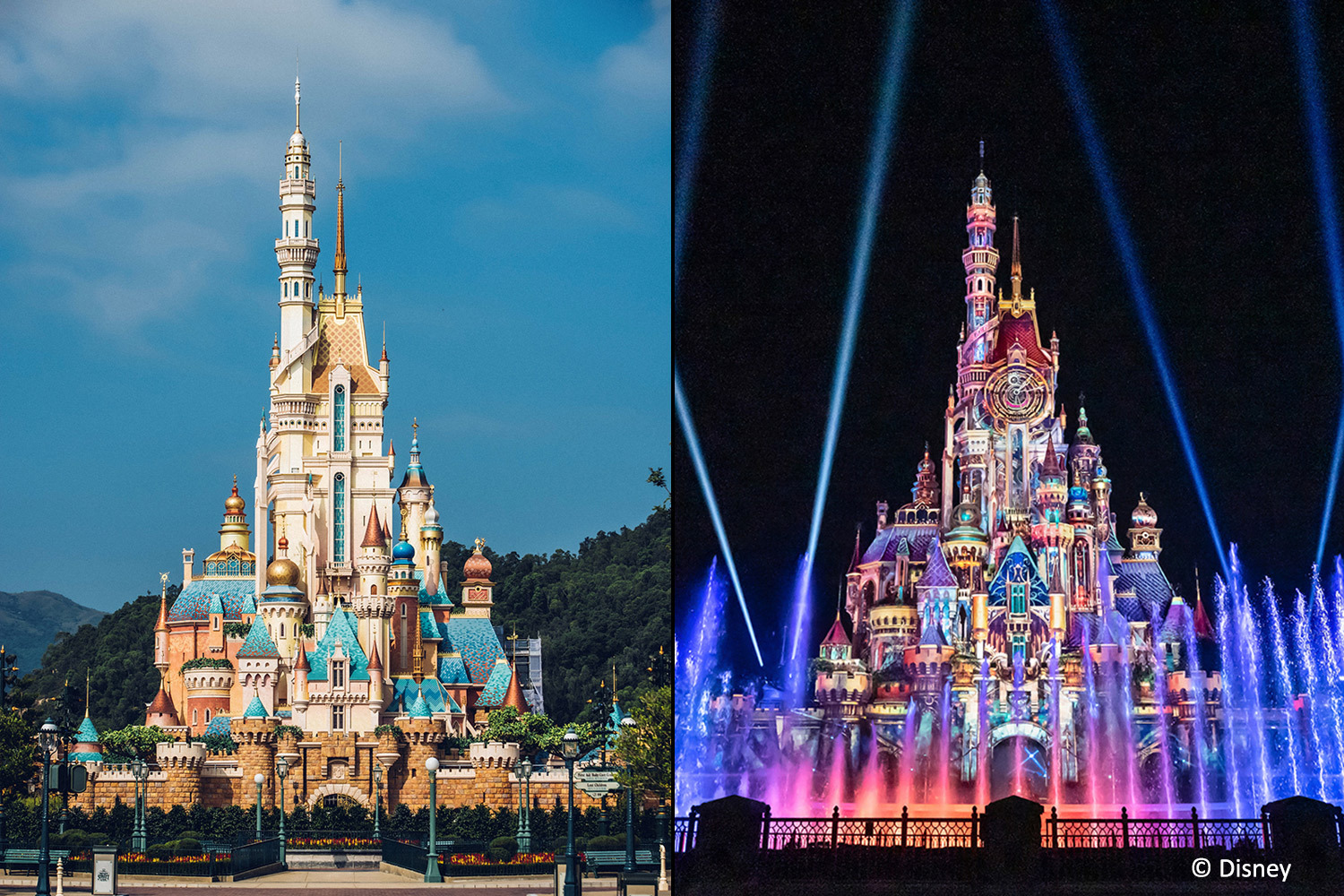 • The Castle of Magical Dreams at Hong Kong Disneyland comes to life as the backdrop for the Momentous nighttime spectacular.