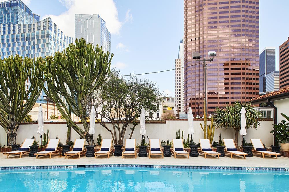 a roof top swimming pool side landscape looking over the city