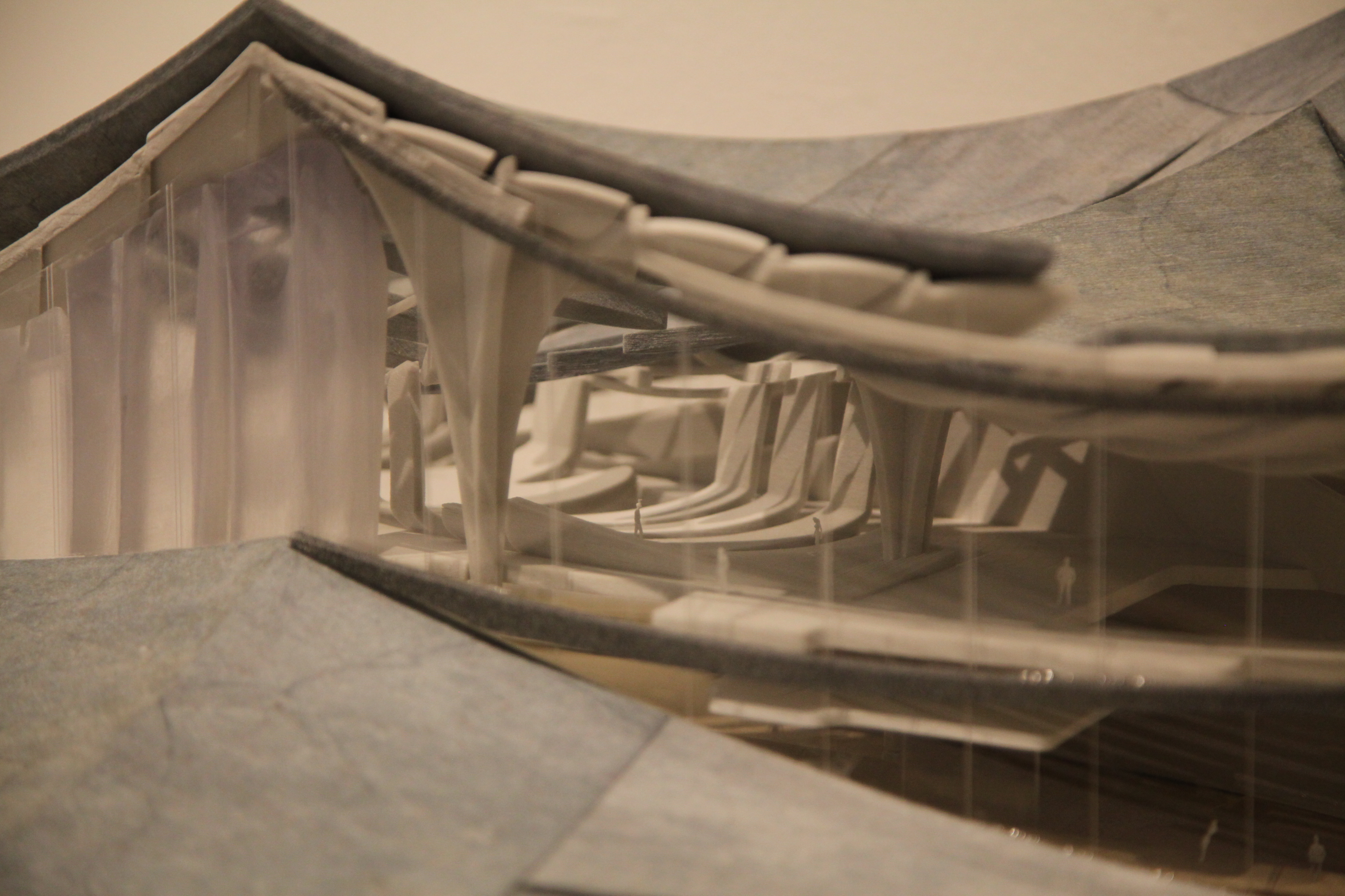 Close up of a grey and white architecture model