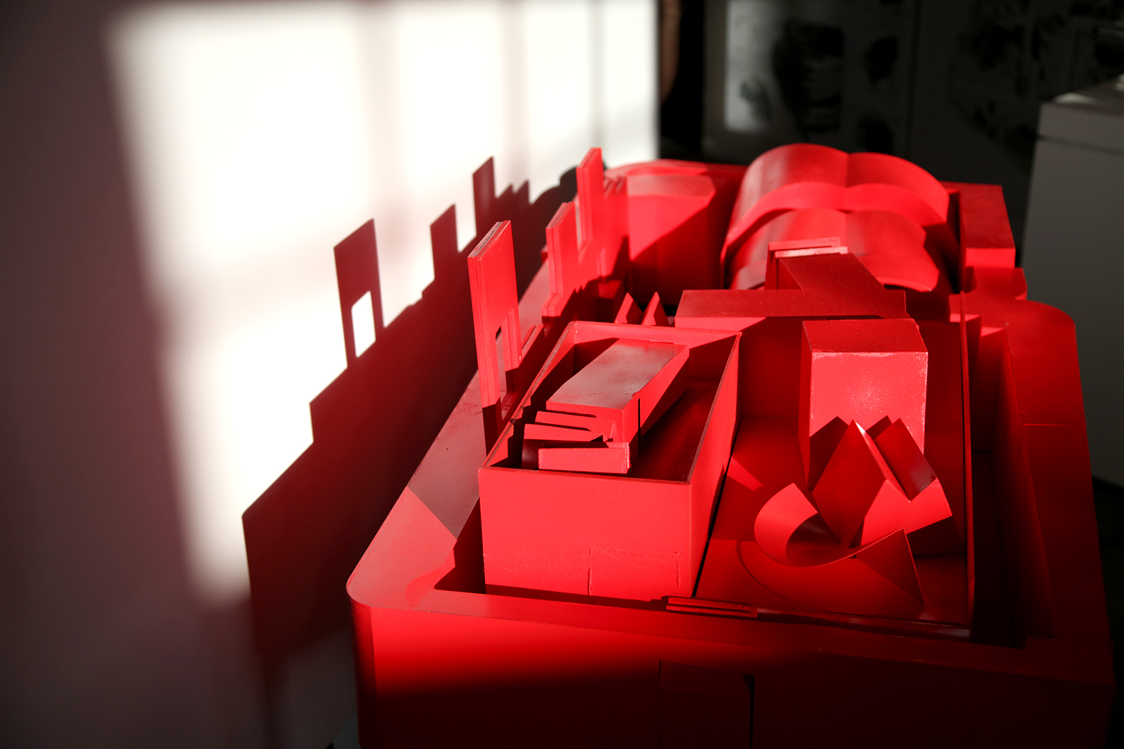 A red architectural model