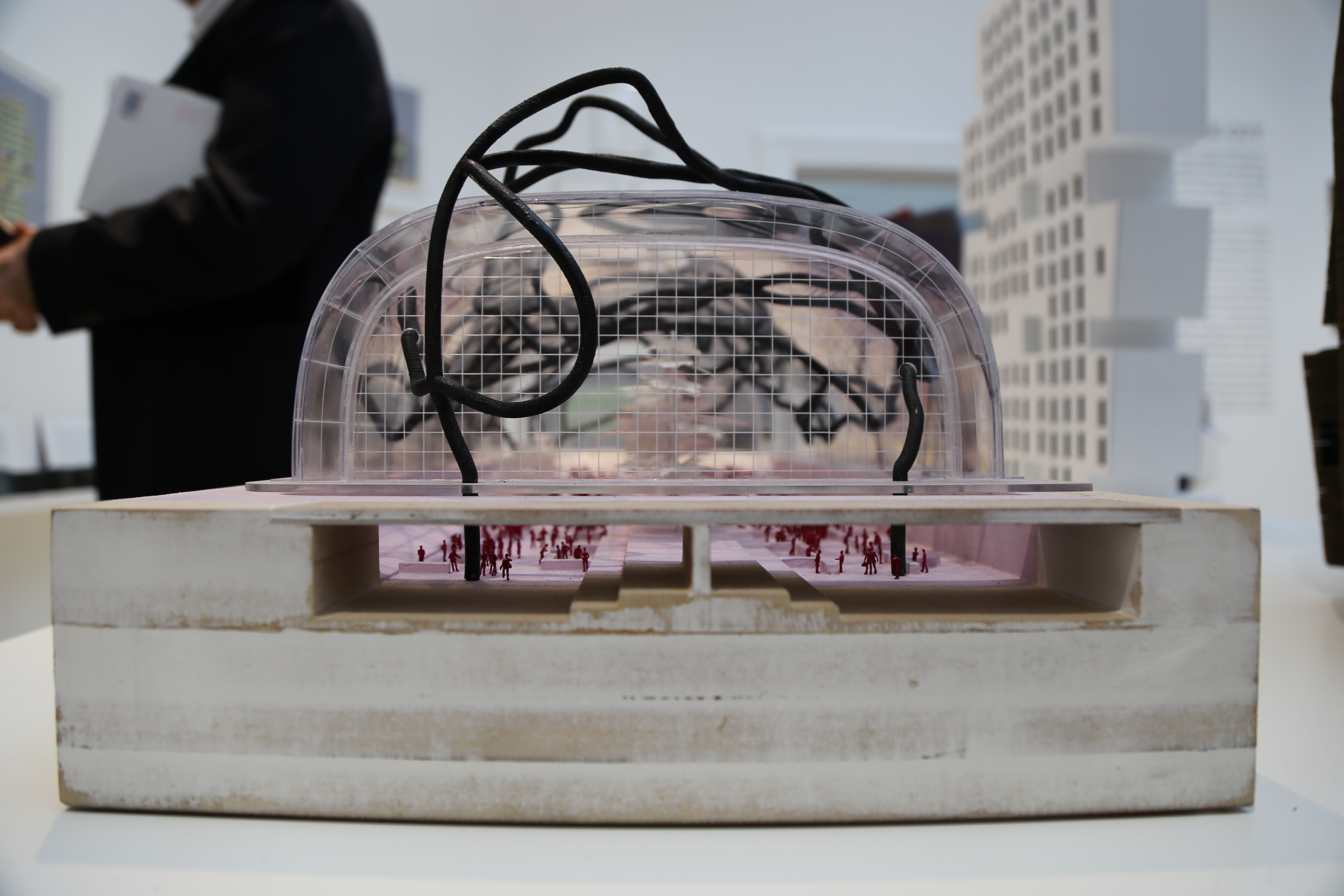 pink architectural model with a transparent barrel dome and black extruded lines