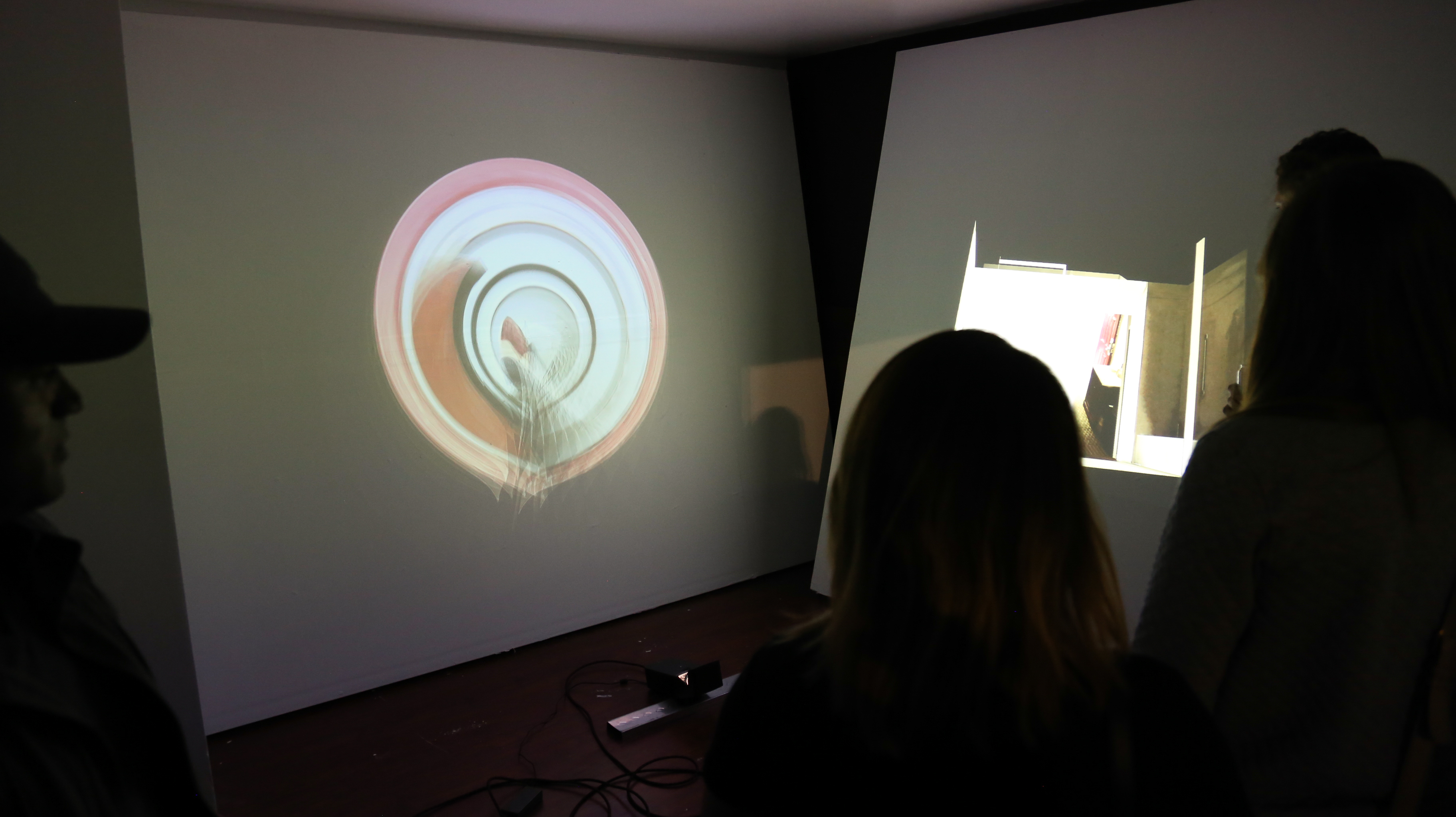 spectators admiring the projection in a dark gallery space