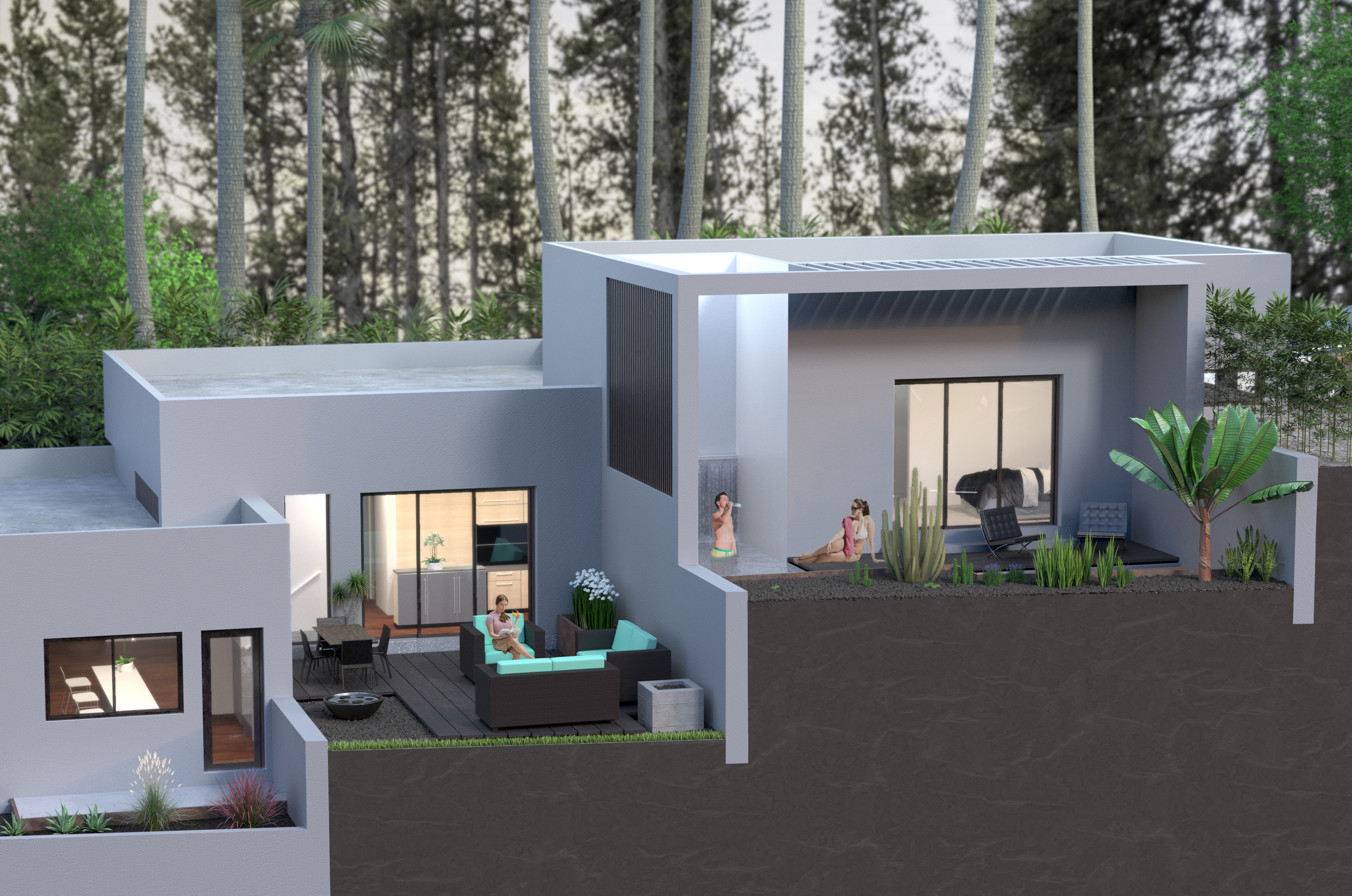 house render backyard patio people trees