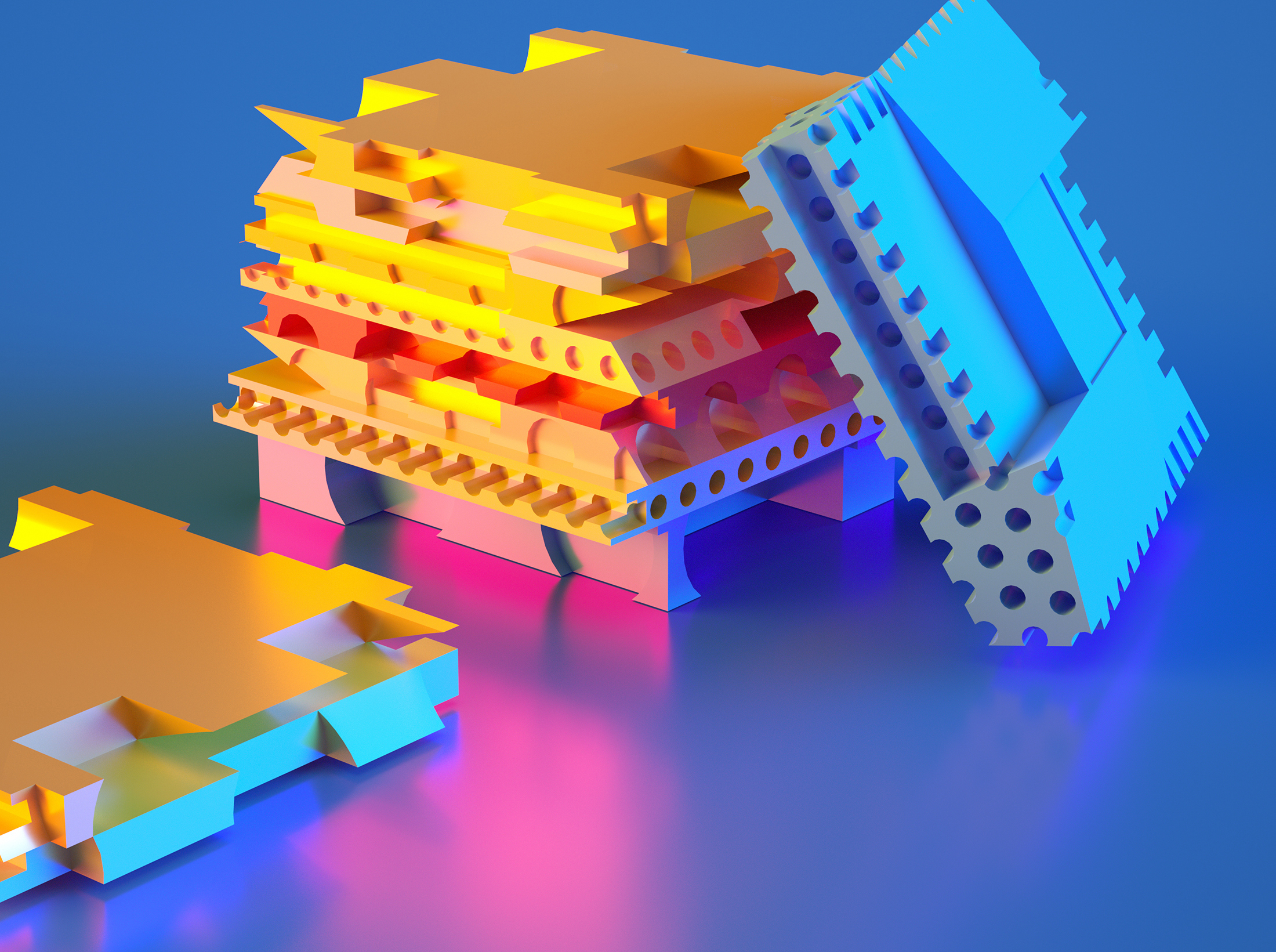 render of multicolored slab objects in stack compostion