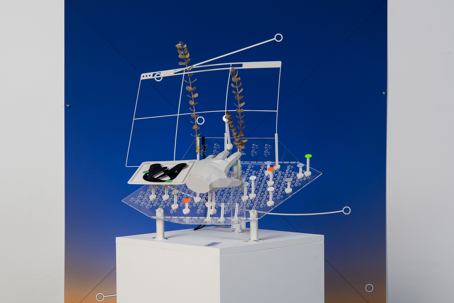 futuristic model clear screen hand controls blue background