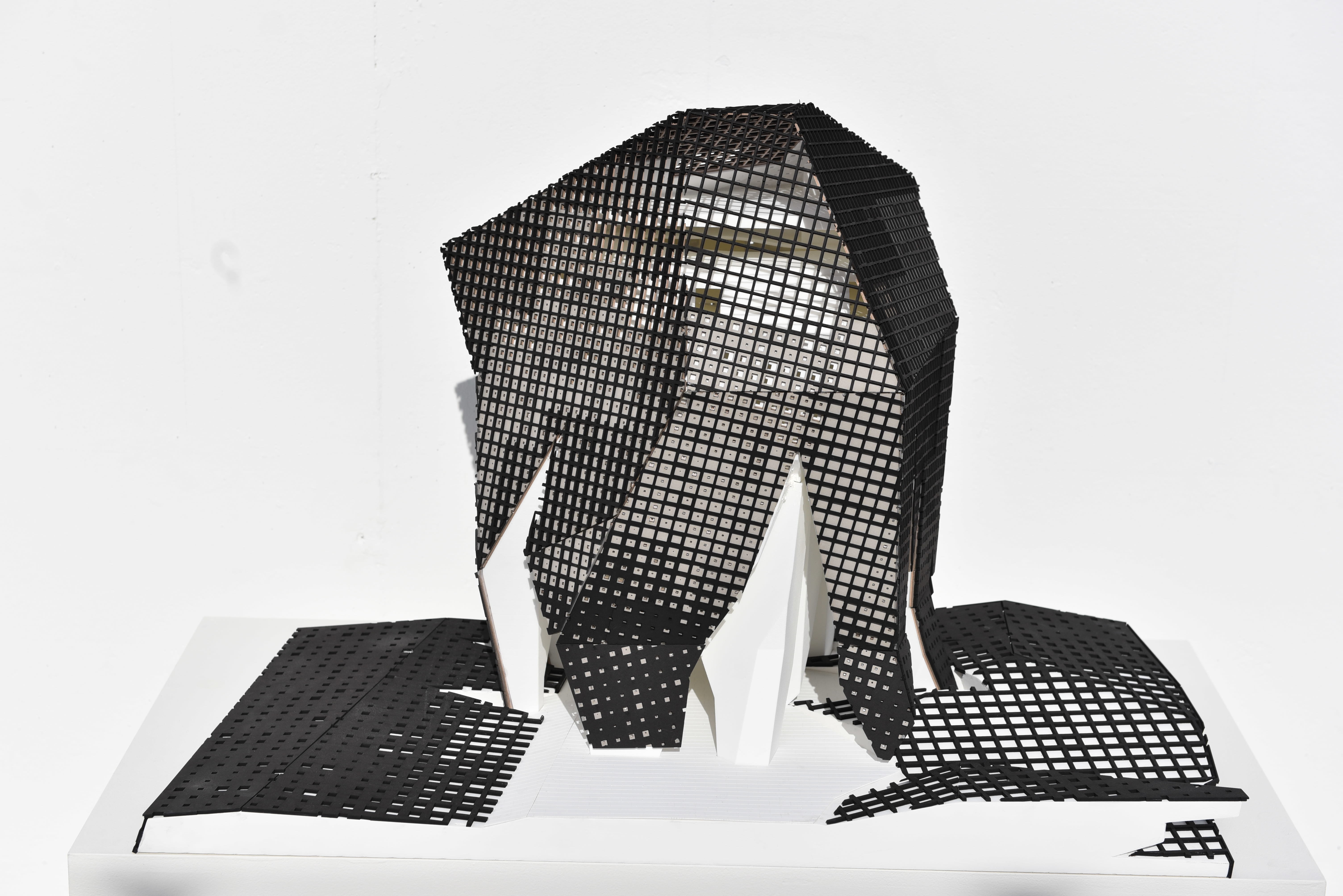 dark texture draped over architectural model