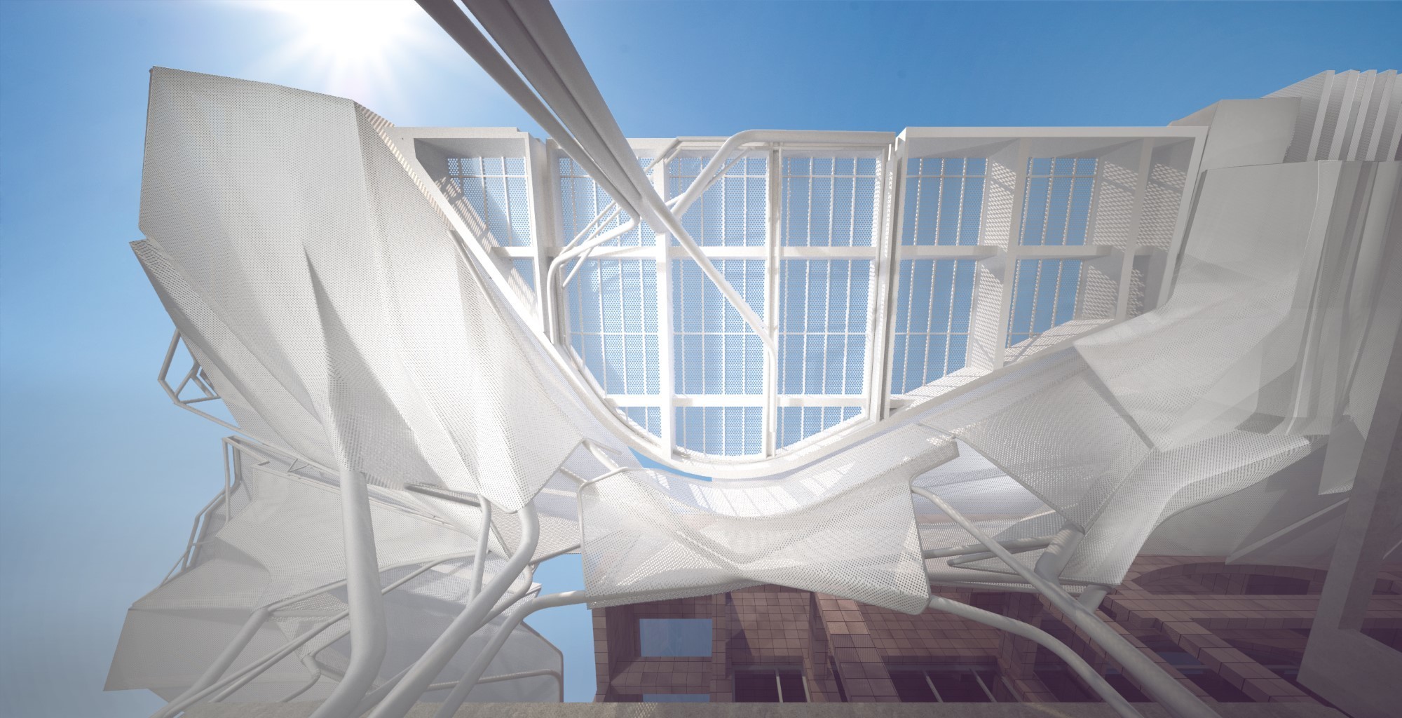 Skyward shot of Kaohsiung museum of fine arts awning with blue sky and sun