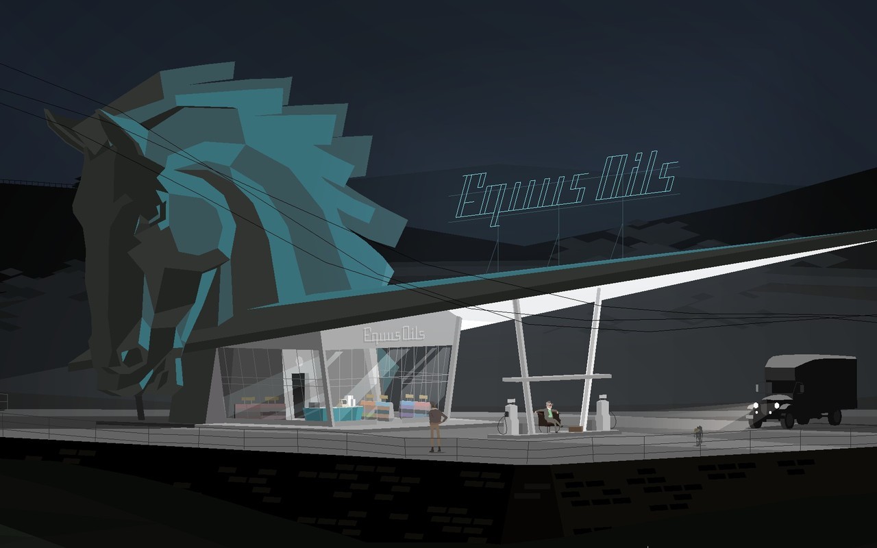 2D visualisation of a road side gas station with a horse head from a chess game