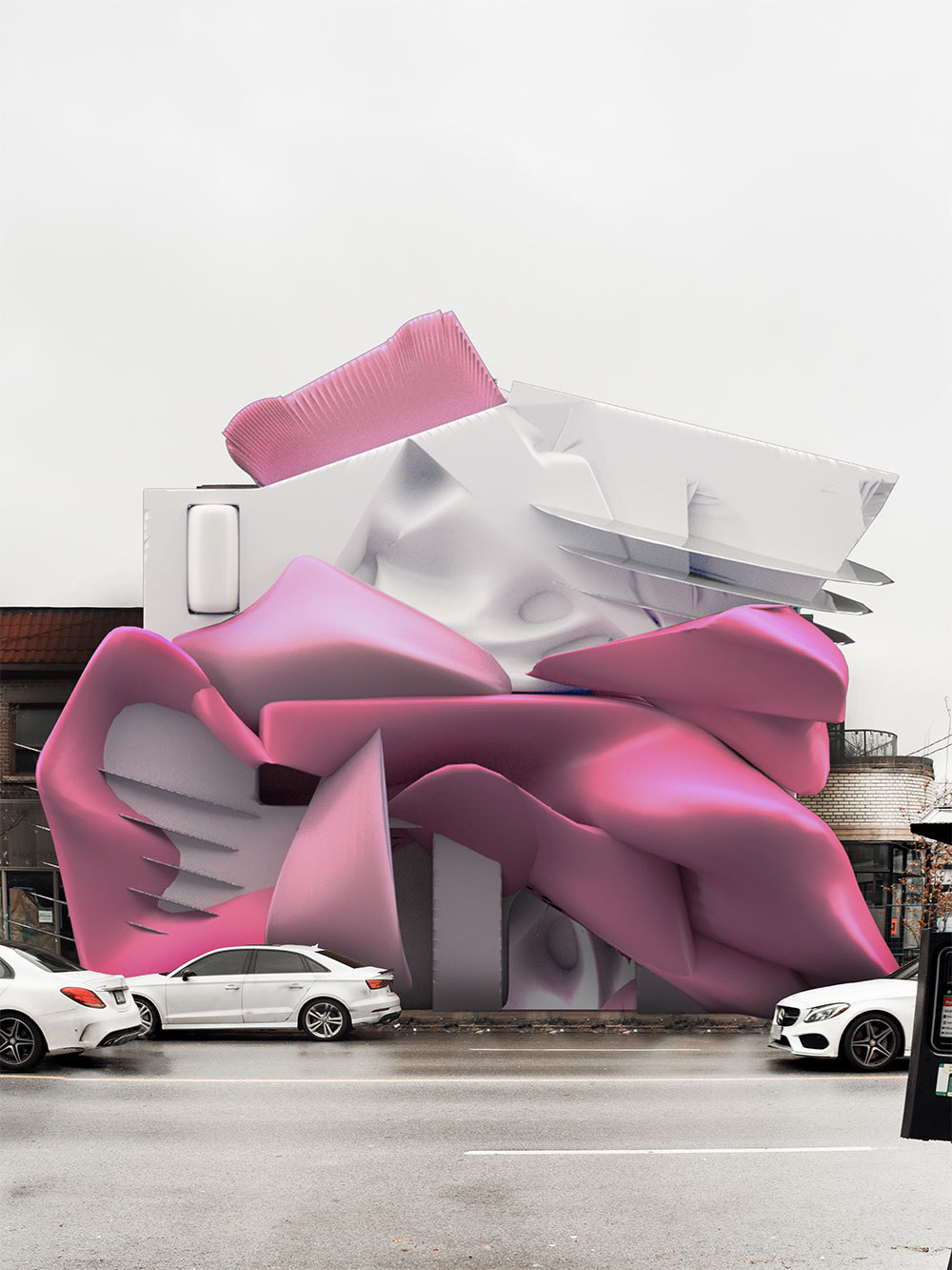 pink and white building facade