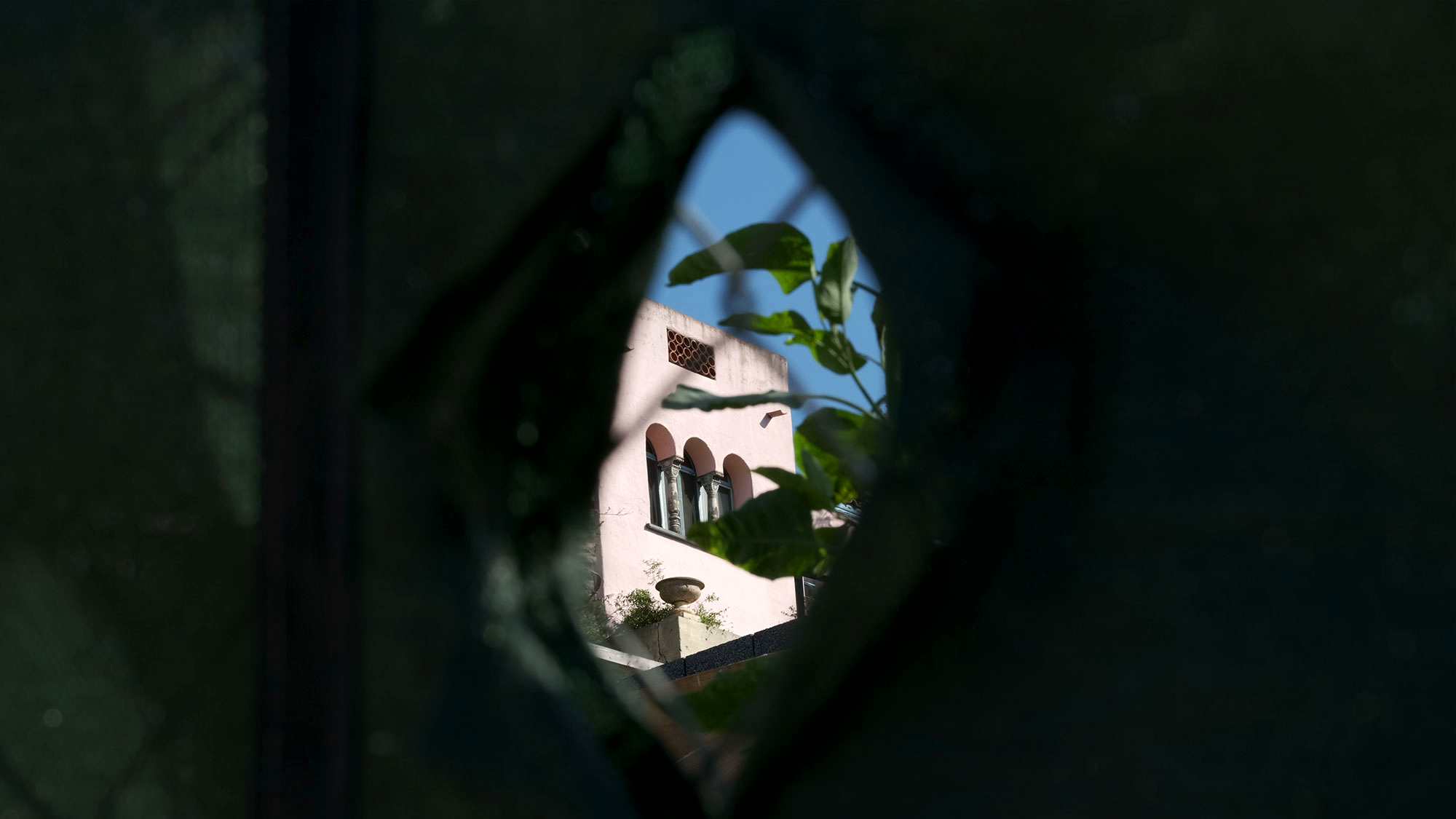 3 Romanesque or Moorish arches looking through a small hole with leaves