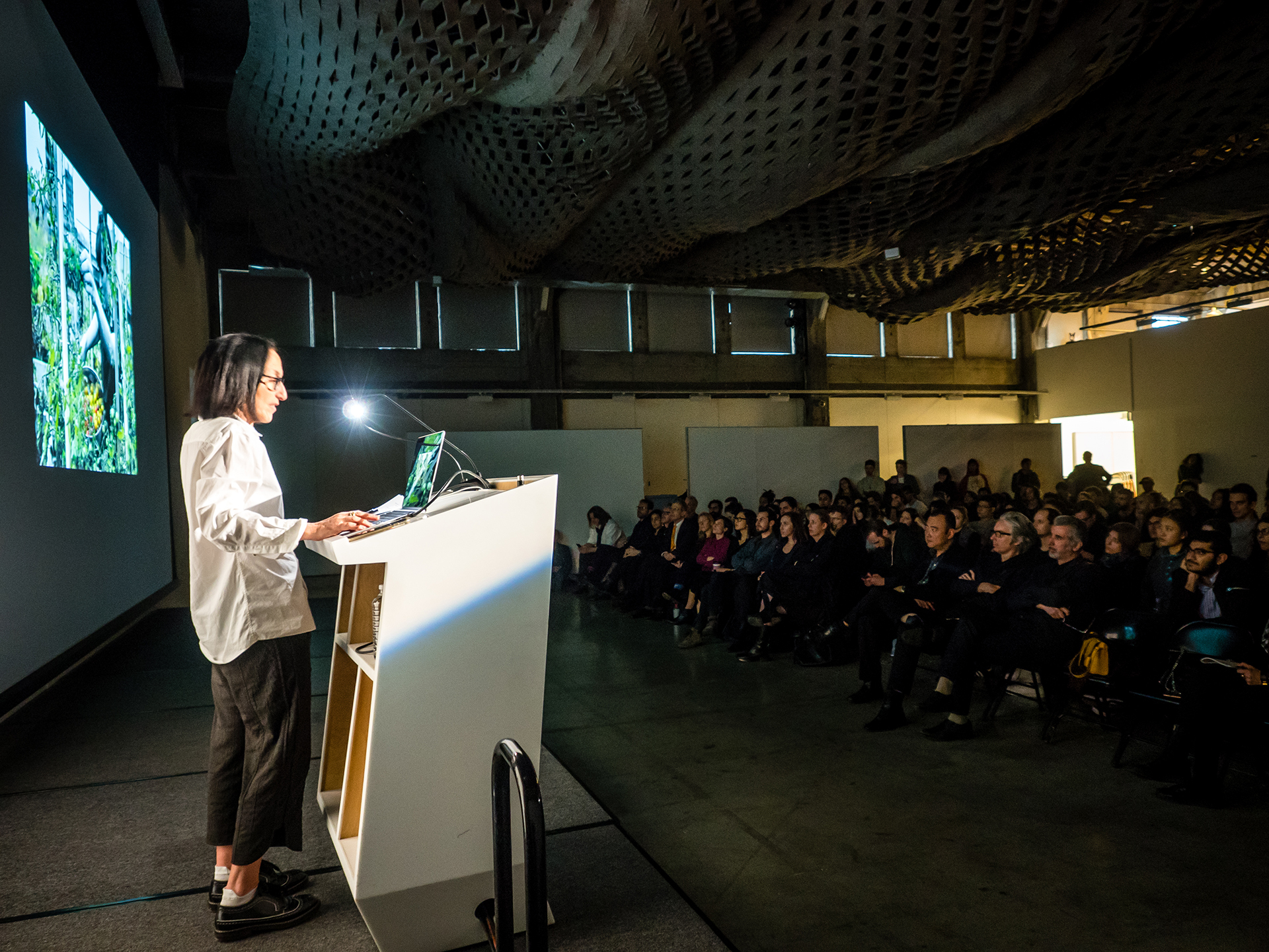 Sylvia Lavin lectures at podium crowd watches