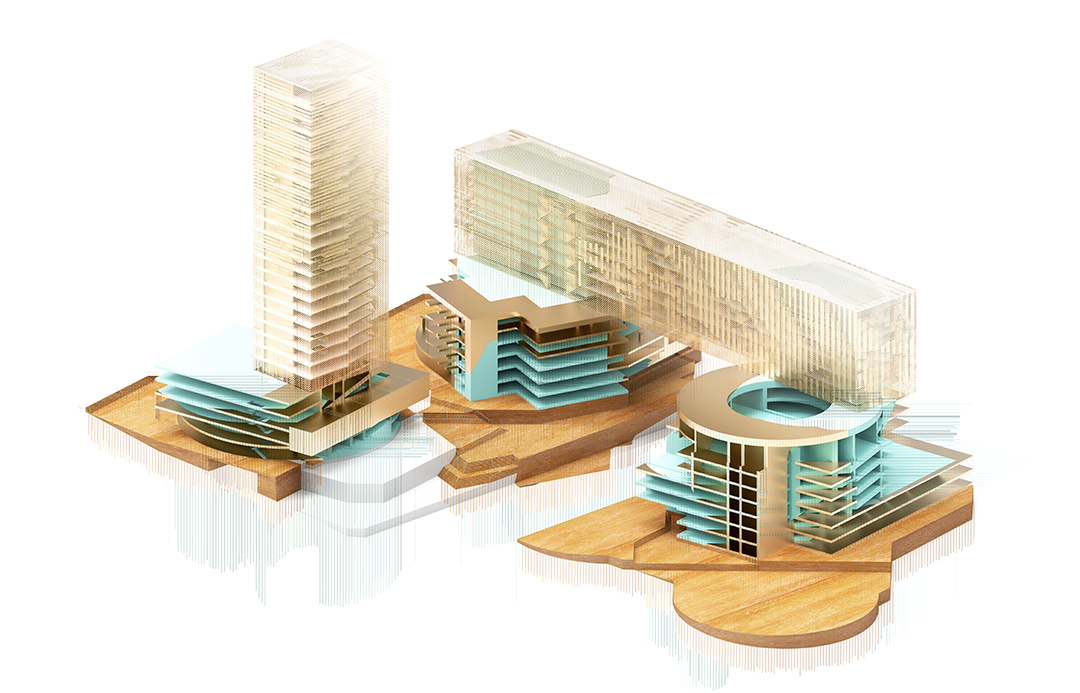 birds eye isometric rendering wood white turquise