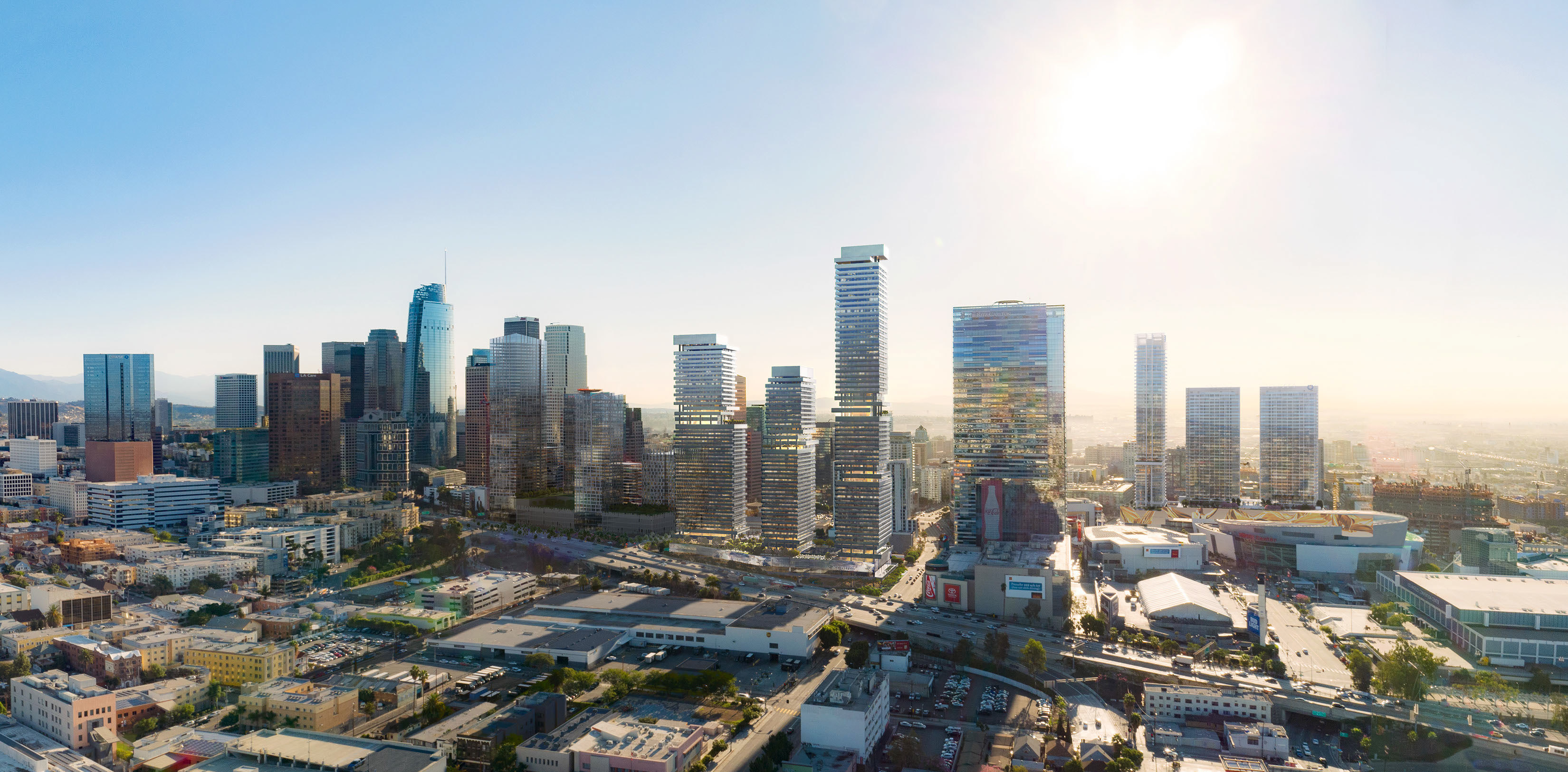 downtown LA skyline rendering glass reflection sunlight