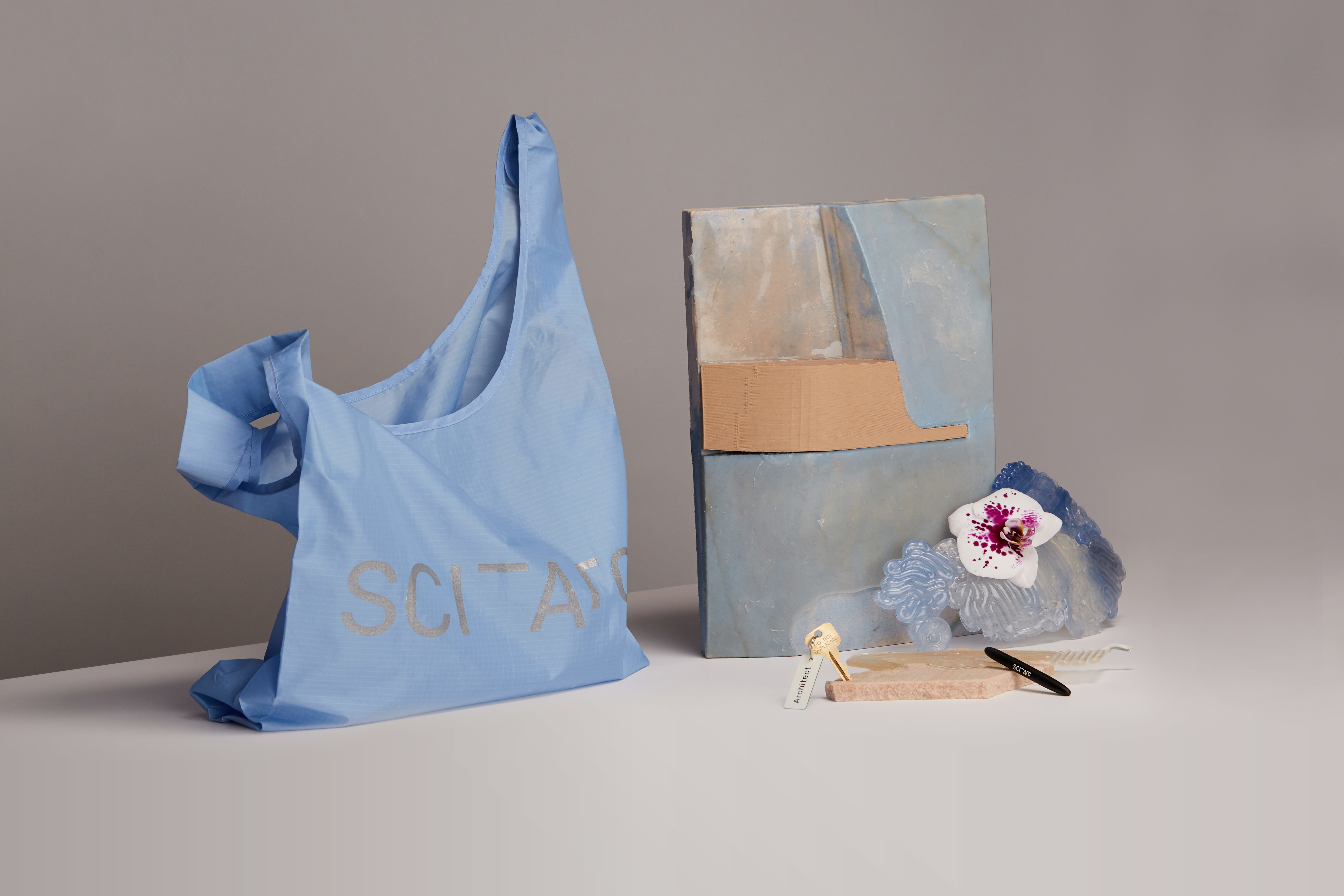 sciarc logo blue ripstop bag in still life