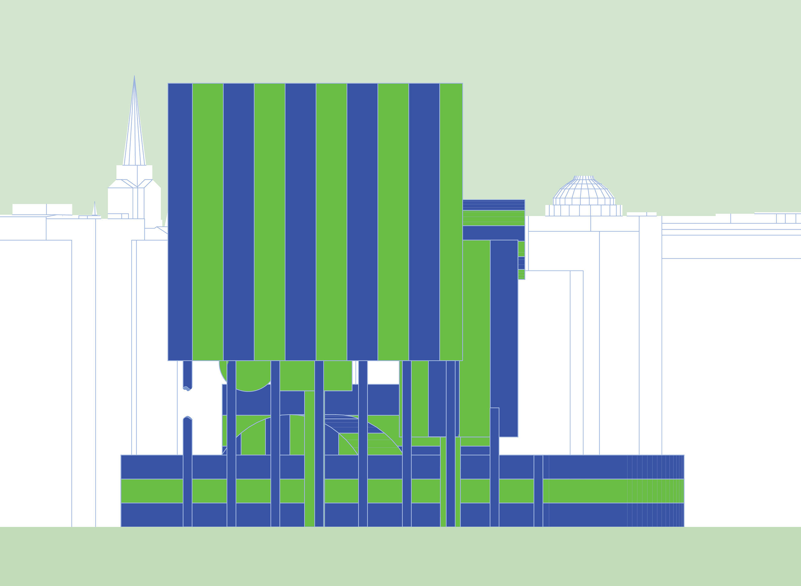 green and blue elevation drawing