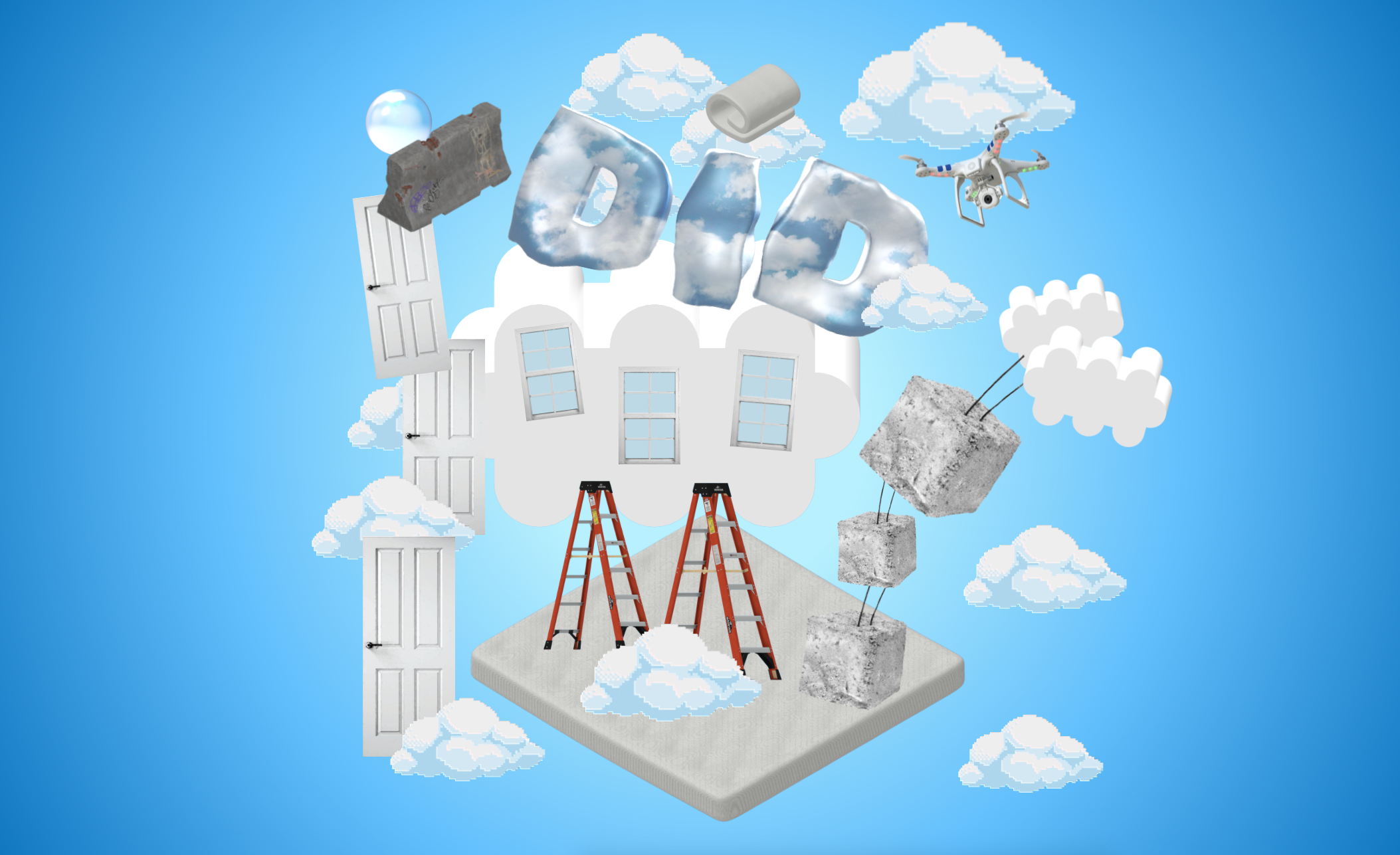 graphic with clouds and building tools