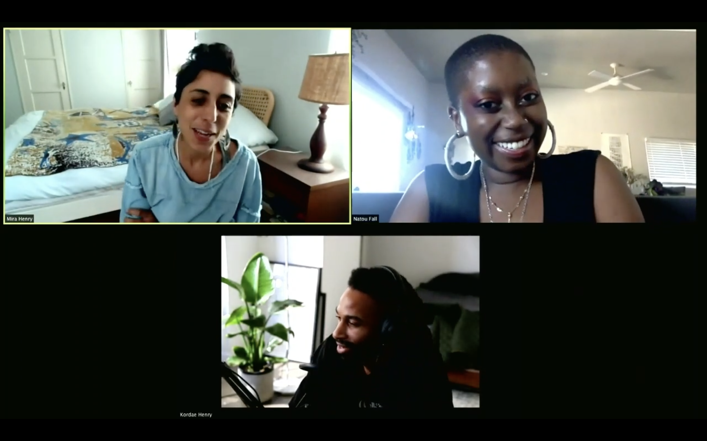 three people smiling on different screens together