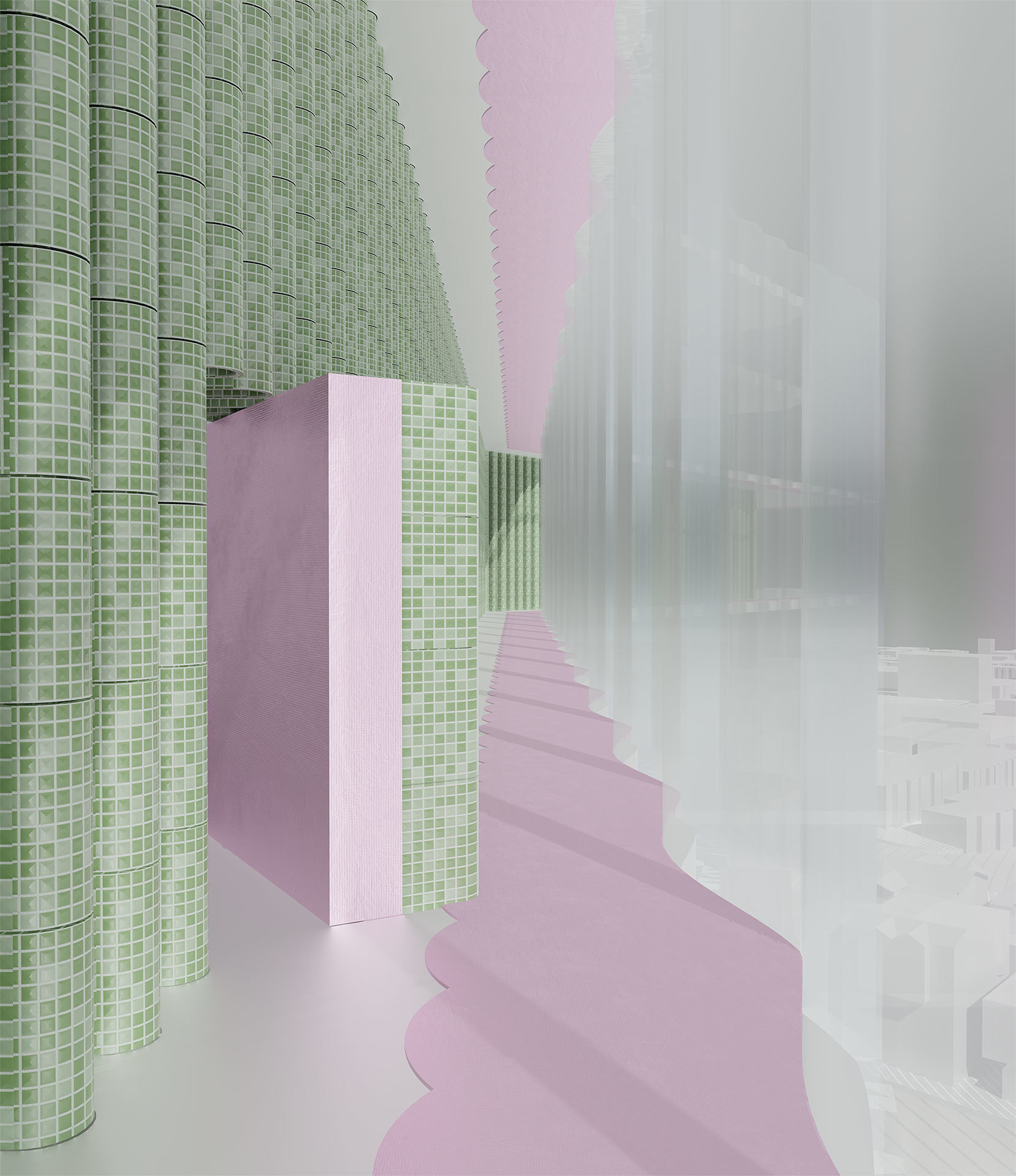 Purple and grey interior views Cole Masuno thesis project architecture