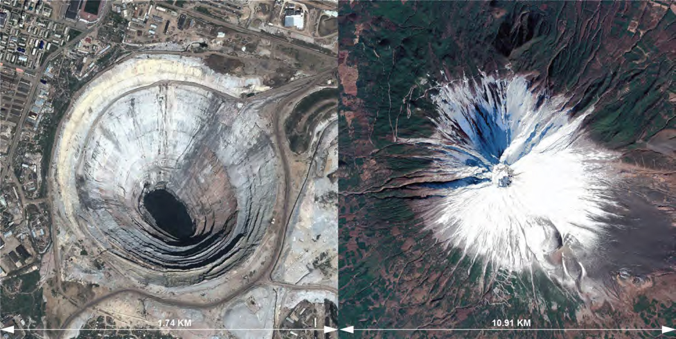 Mir Mine (Inactive Open Pit Diamond Mine), Mirny, Russia Mount Fuji (Active Volcano), Honshu Island, Japan
