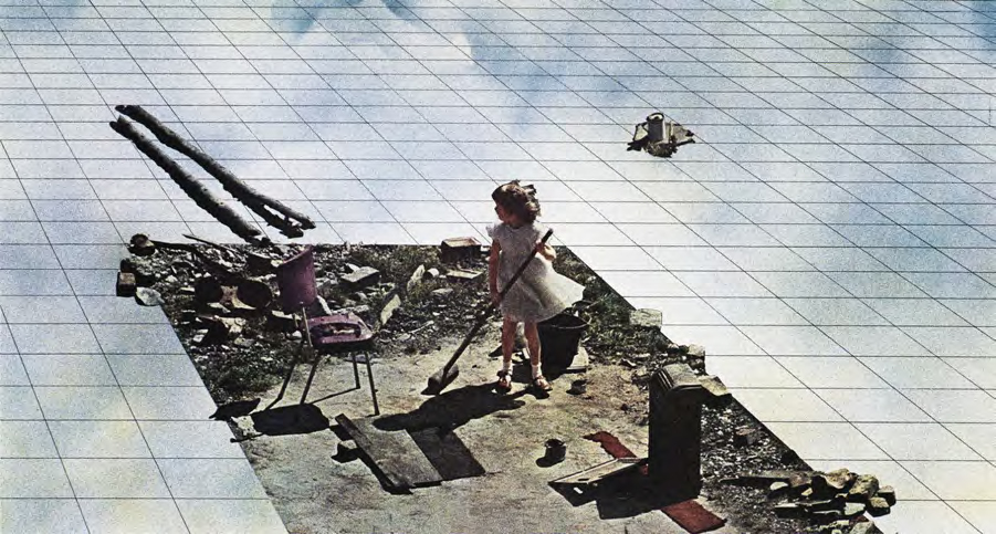 young girl with broom in dusty landscape surrounded by grid of mirrors reflecting the sky