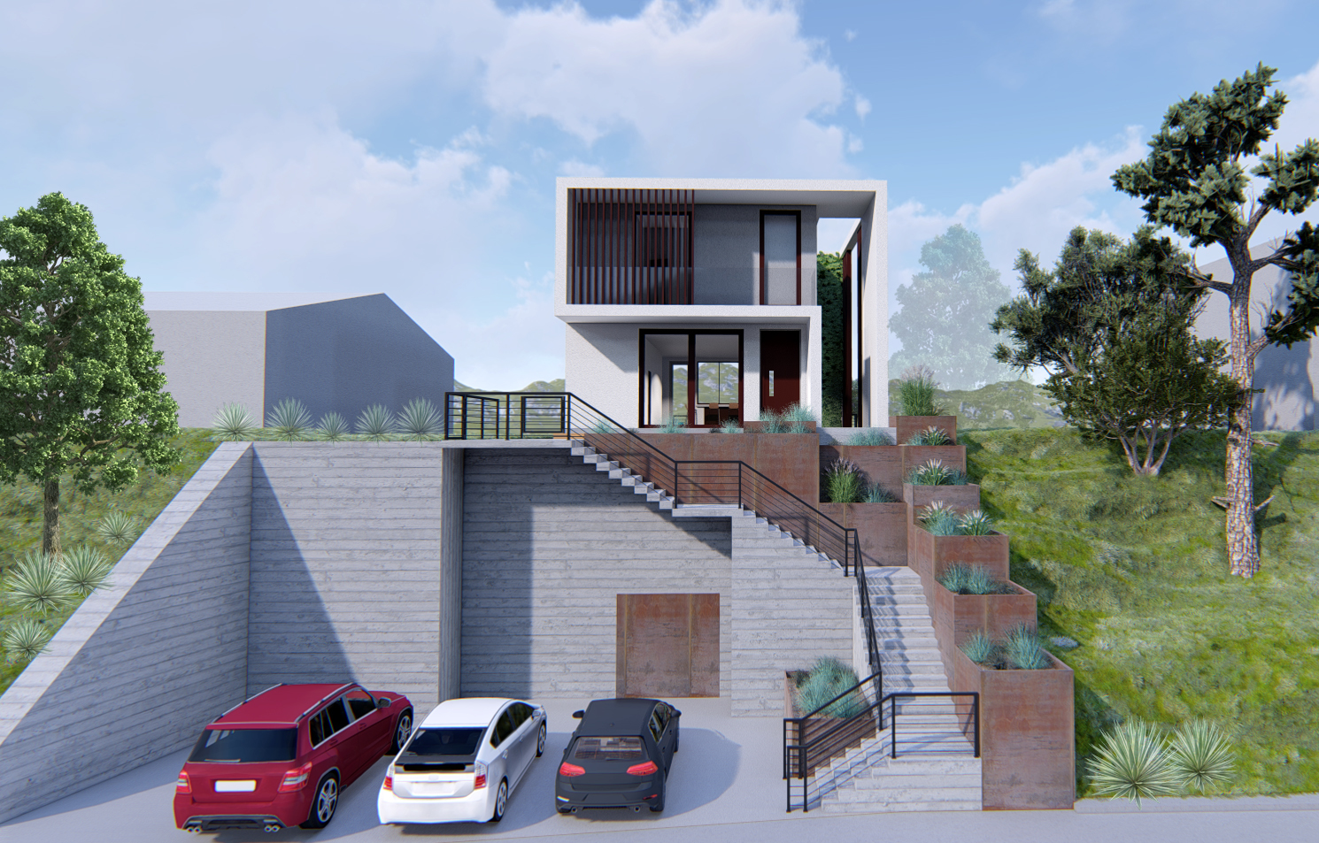 house render hillside cars grass concrete