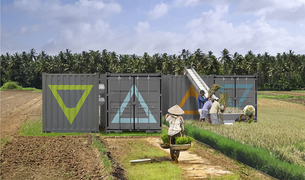 shipping containers rice paddy rendering