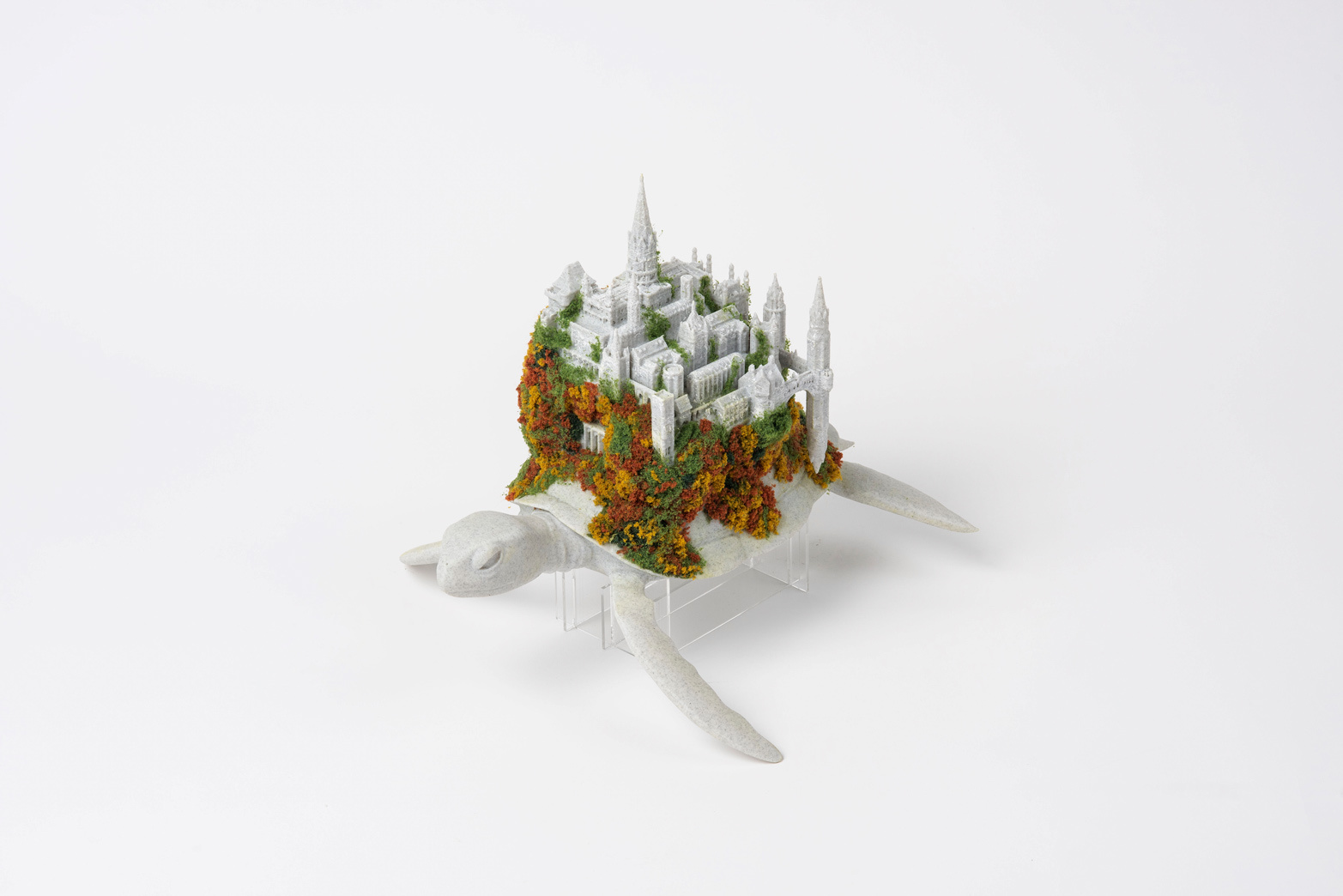 sea turtle model with mini cityscape on shell