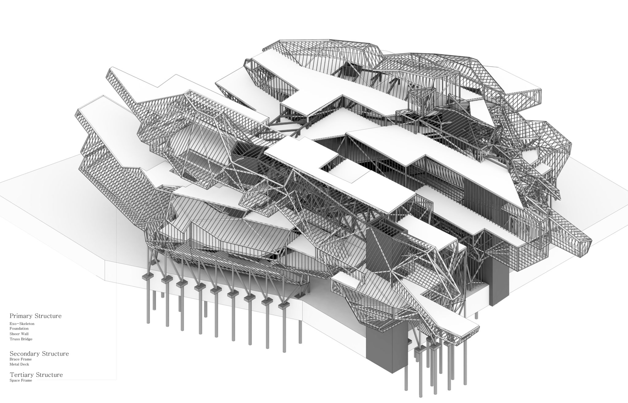 geometric building with white floor plates and metal framing in axonometric view