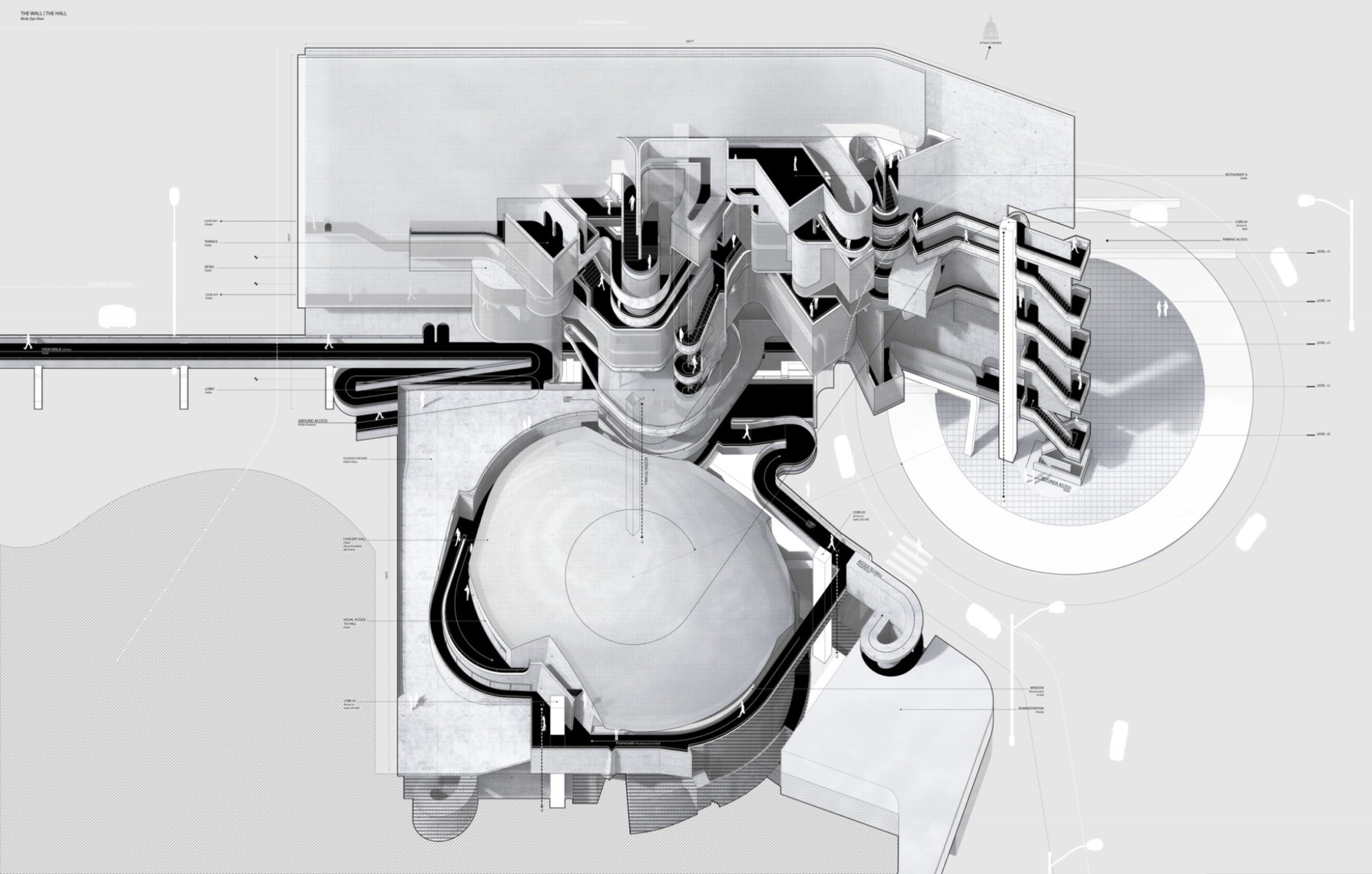 Axonometric drawing of a building with extruded lobbies from a thin building