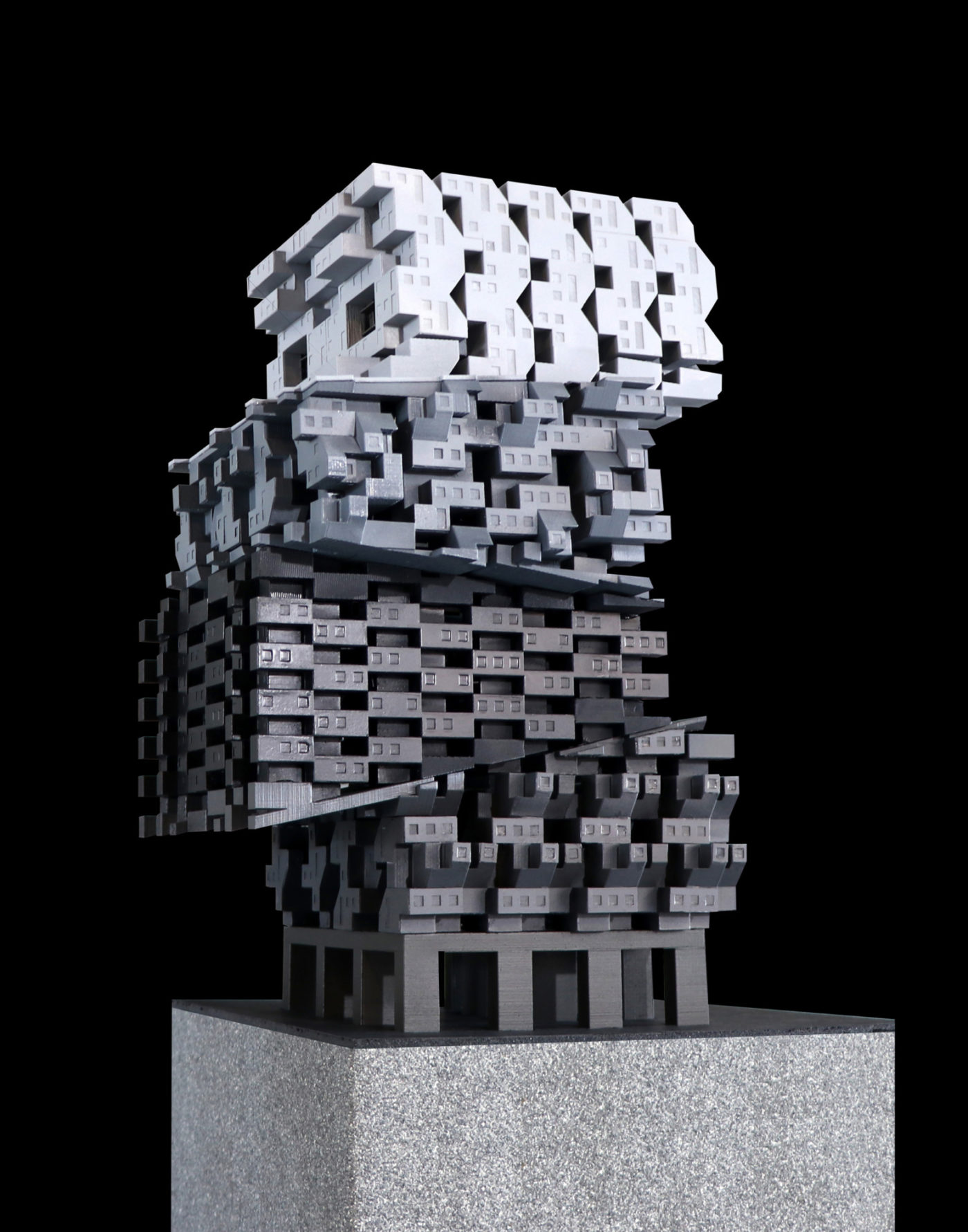 grey and white model of a contemporary architecture high-rise building, the building is a stacked mass of units in a black background