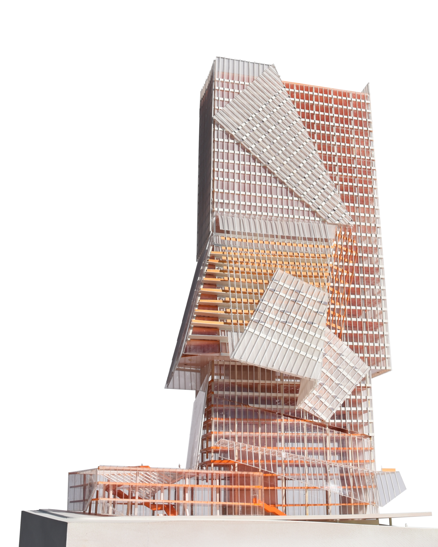 orange white transparent tall building model by architecture student of SCI-Arc
