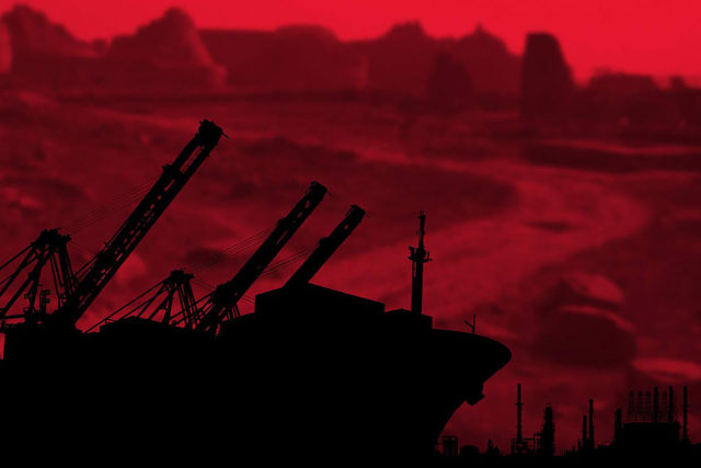 red landscape black machine silhouette
